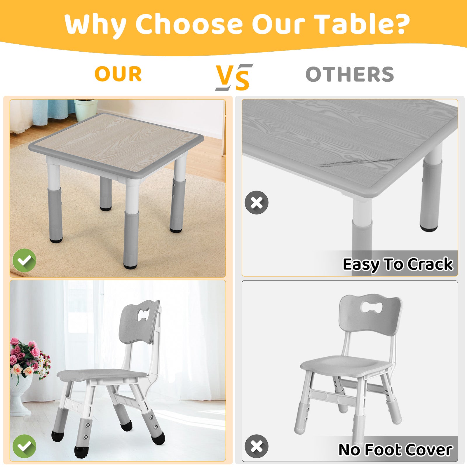 TLSUNNY Kids Table & 4 Chairs Set, Height Adjustable Children Activity Table Set for Ages 2-10, Gray