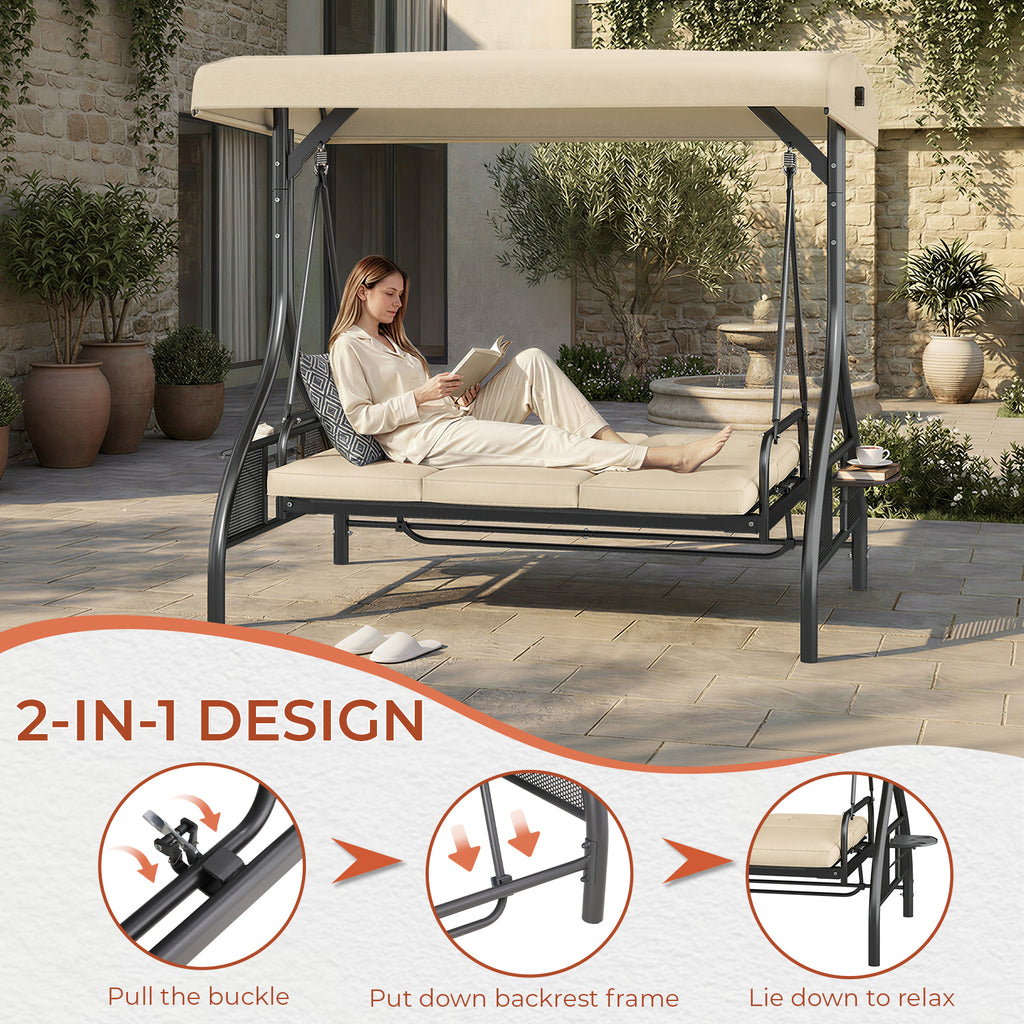 TLSUNNY Canopy Swing Chair Set, 3-Seat Outdoor Swing Chair with Stand & Removable Seat Cushion, for Patio, Backyard, Balcony Relaxation, Supports 750LBS