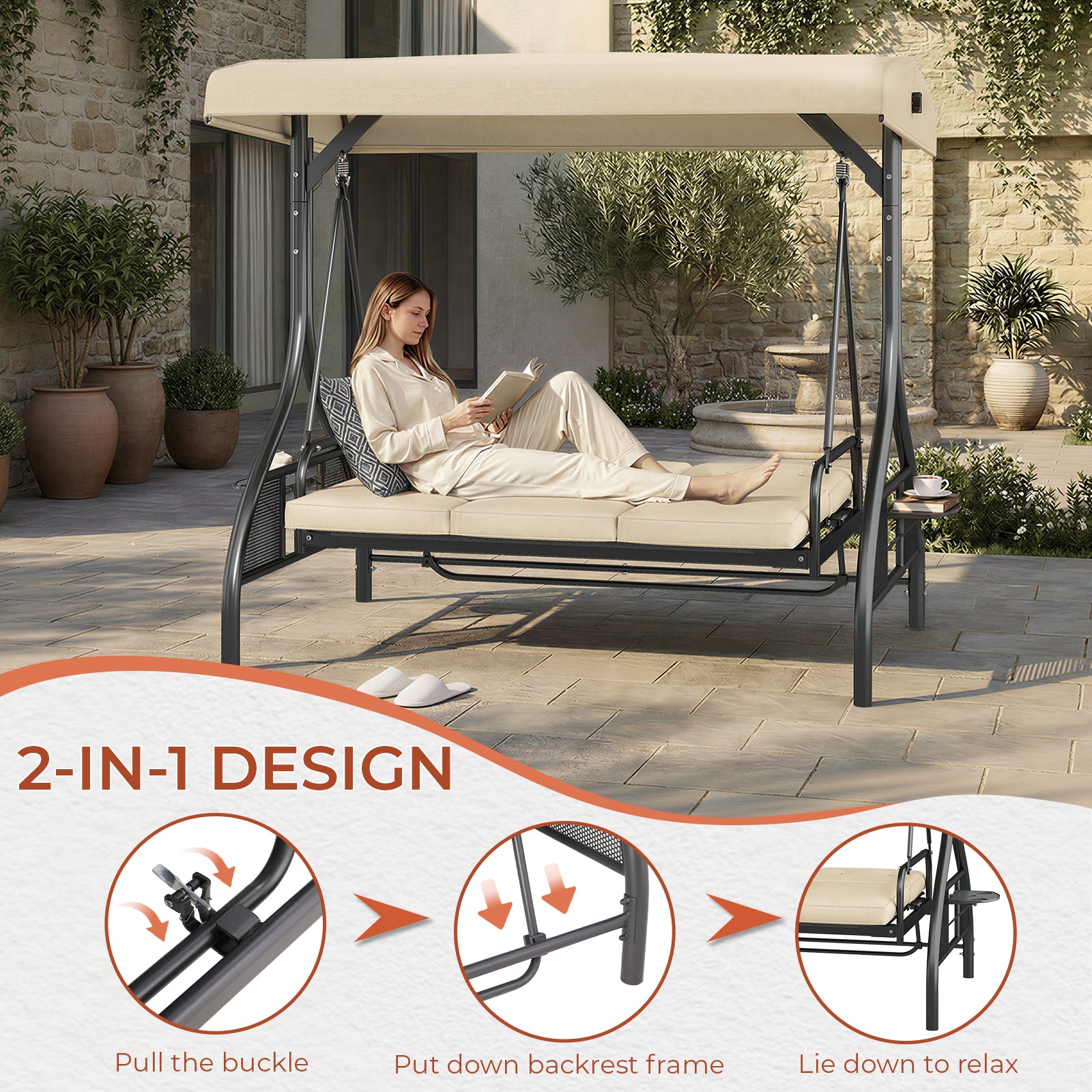 TLSUNNY Canopy Swing Chair Set, 3-Seat Outdoor Swing Chair with Stand & Removable Seat Cushion, for Patio, Backyard, Balcony Relaxation, Supports 750LBS