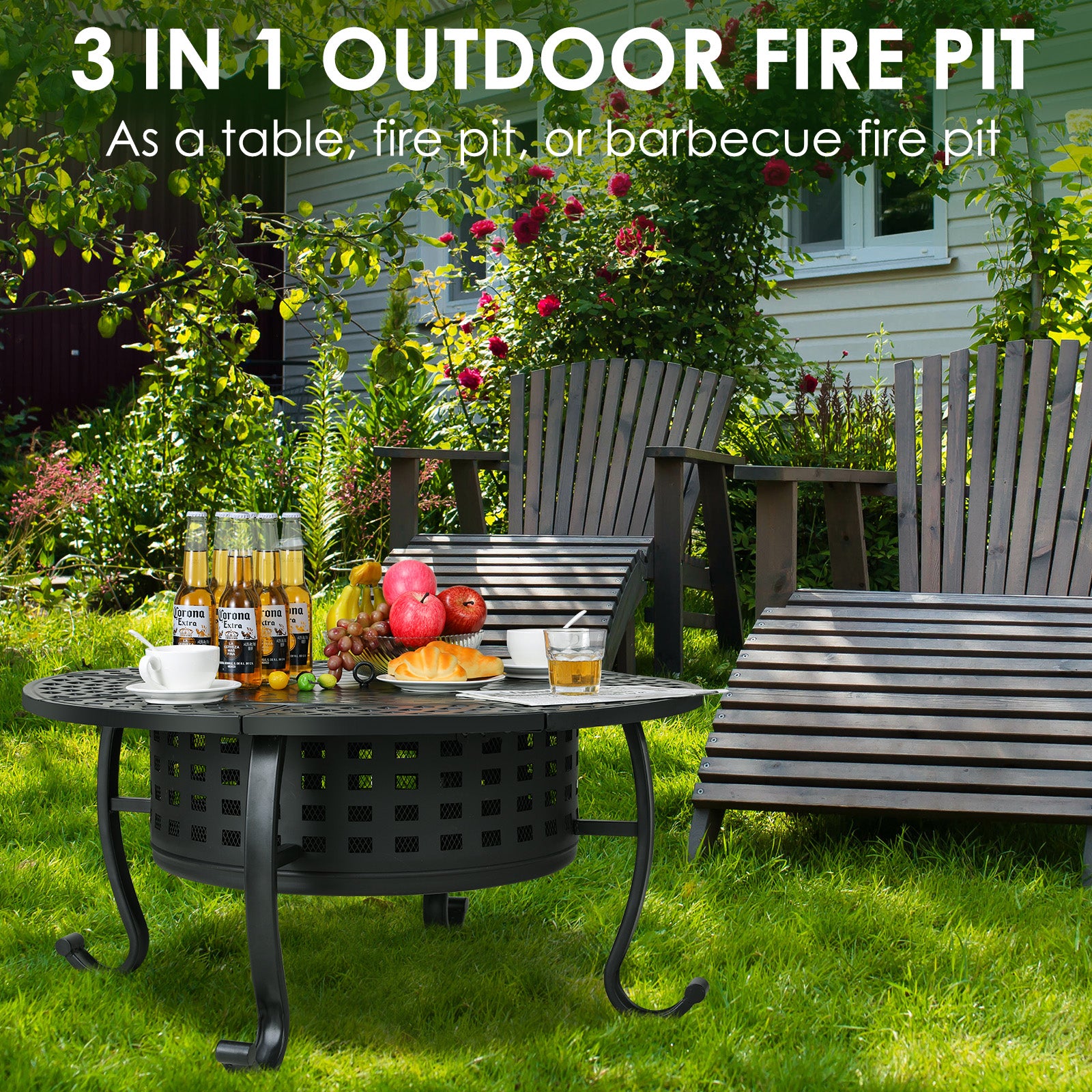 TLSUNNY 37" Outdoor Round Fire Pit & BBQ Grills, Wood Burning Fire Pit, w/ Swivel Cooking Grates, Lid and Fire Poker for Garden & Camping