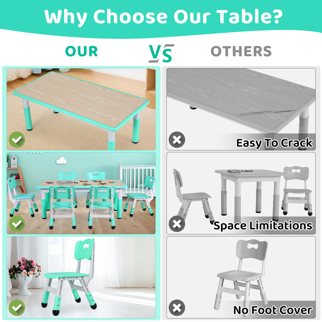 TLSUNNY Kids Table and 6 Chairs Set, Height Adjustable, Preschool Activity Table with Graffiti Top for Daycare Classroom, Ages 3-12
