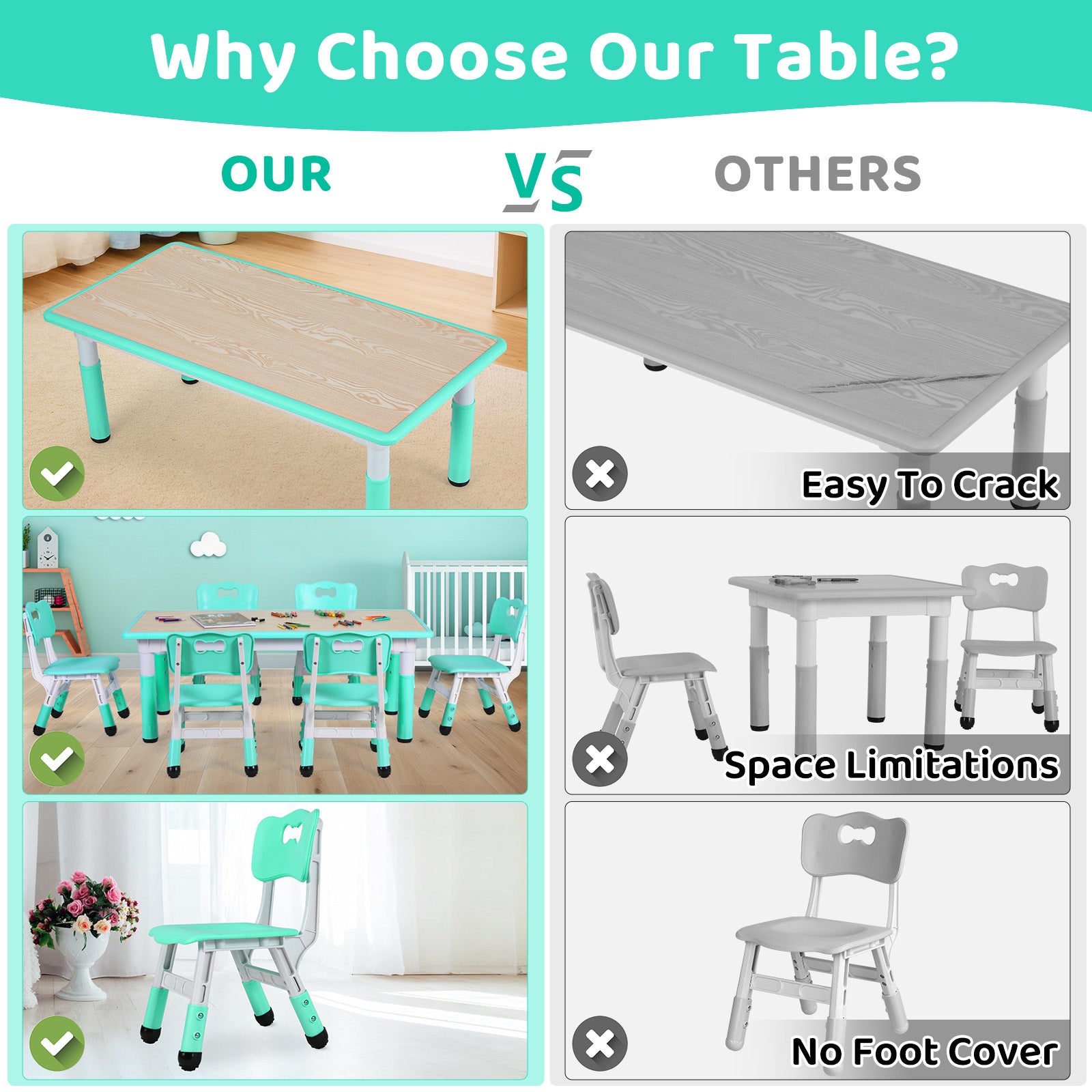 TLSUNNY Kids Table and 6 Chairs Set, Height Adjustable, Preschool Activity Table with Graffiti Top for Daycare Classroom, Ages 3-12
