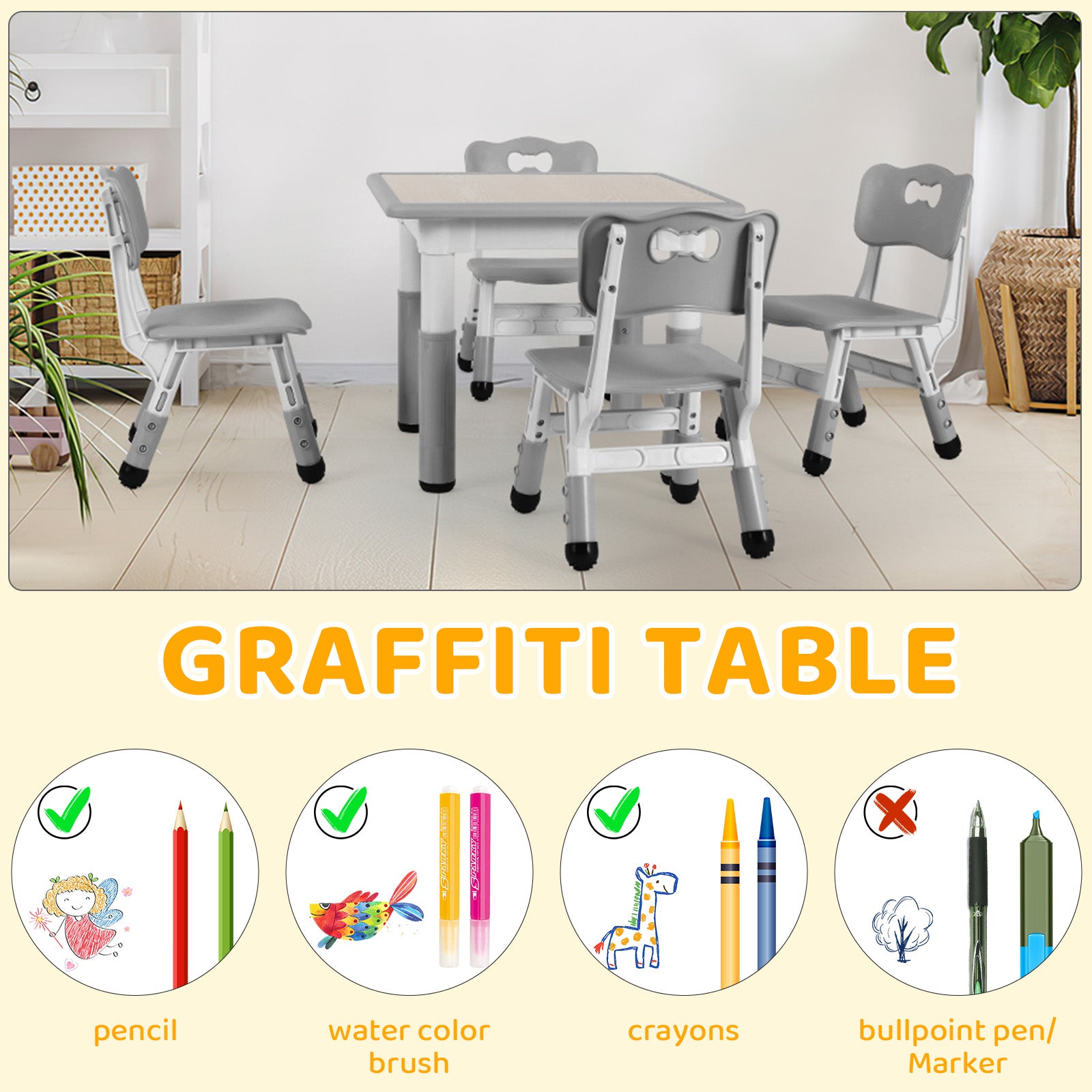 TLSUNNY Kids Table & 4 Chairs Set, Height Adjustable Children Activity Table Set for Ages 2-10, Gray