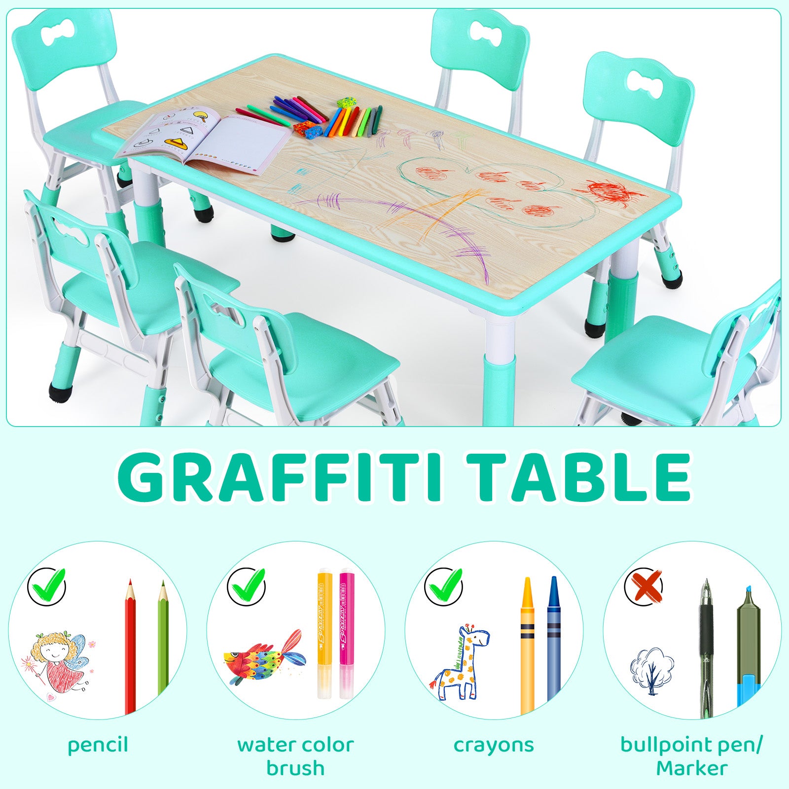 TLSUNNY Kids Table and 6 Chairs Set, Height Adjustable, Preschool Activity Table with Graffiti Top for Daycare Classroom, Ages 3-12