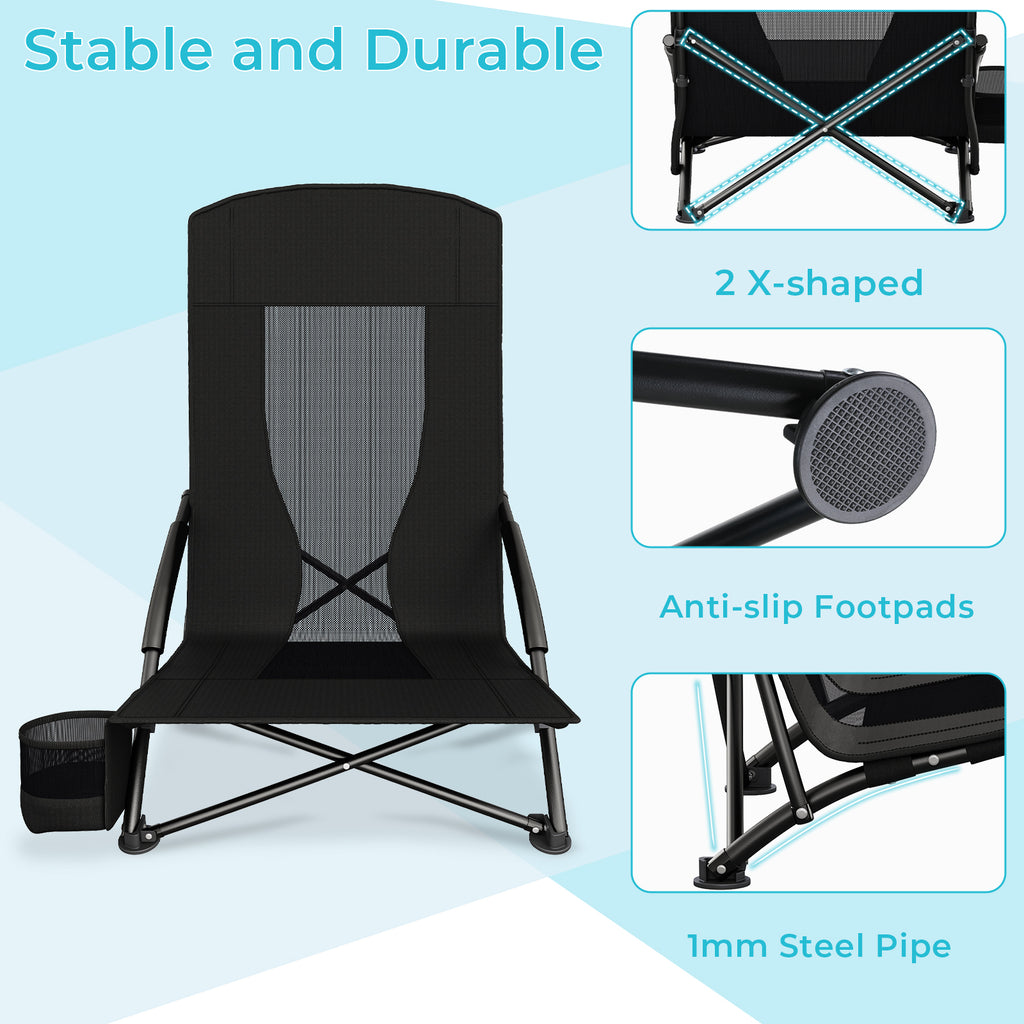 TLSUNNY Folding Backpack Beach Chair Set of 2 for Adults, Compact Lightweight Camping Chairs W/ Carry Bag Cup Holder, Outdoor Reclining Low-Profile Travel Chair, 350LBS