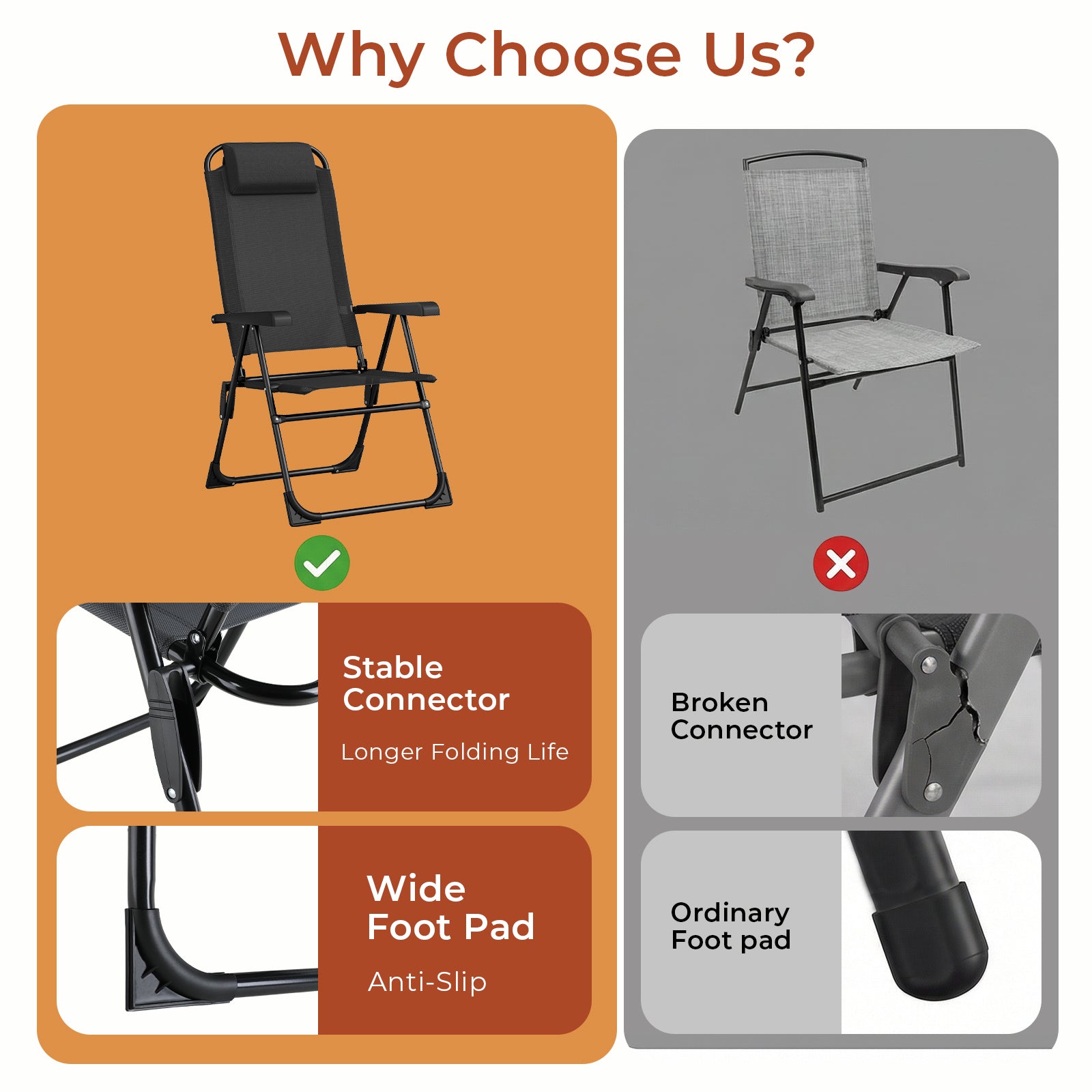 TLSUNNY Folding Patio Chairs Set of 2, Outdoor Portable Recliner W/ Adjustable Back, Removable Headrest, Armrest, Foot Pad, for Camping/Garden/Pool