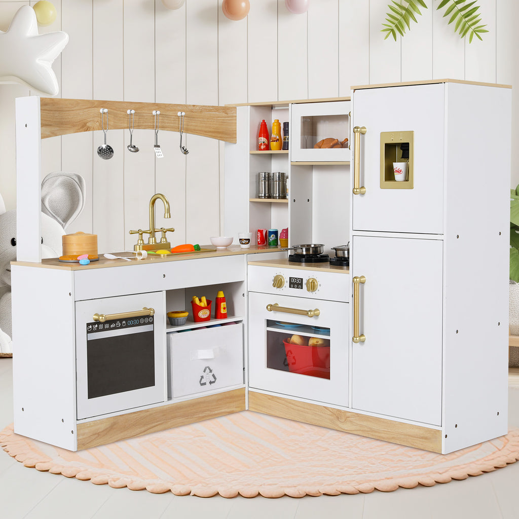 TLSUNNY Corner Play Kitchen with Lights & Sounds, Sink, Fridge, Microwave & Storage, Wooden Toddler Toy for Ages 3+