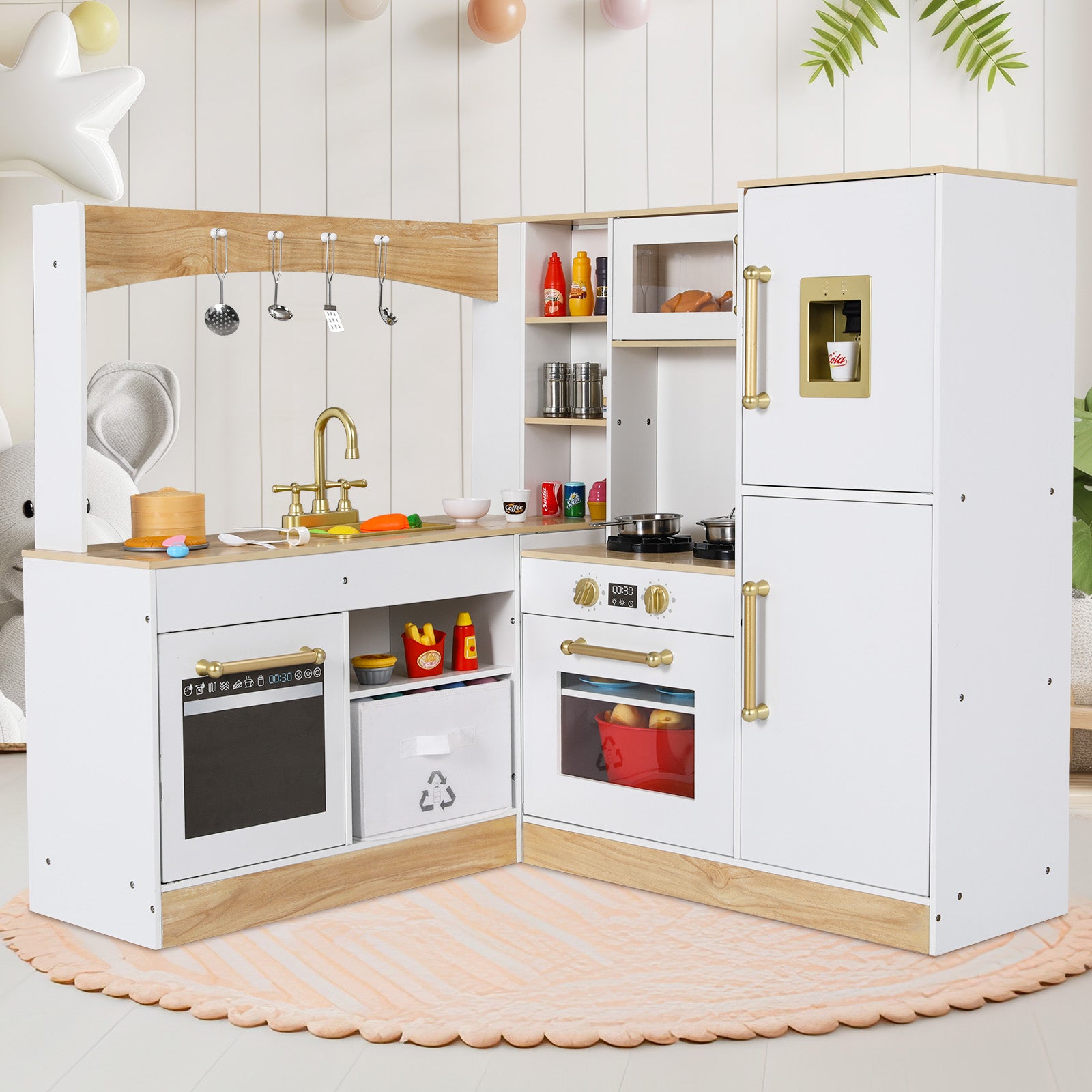 TLSUNNY Corner Play Kitchen with Lights & Sounds, Sink, Fridge, Microwave & Storage, Wooden Toddler Toy for Ages 3+