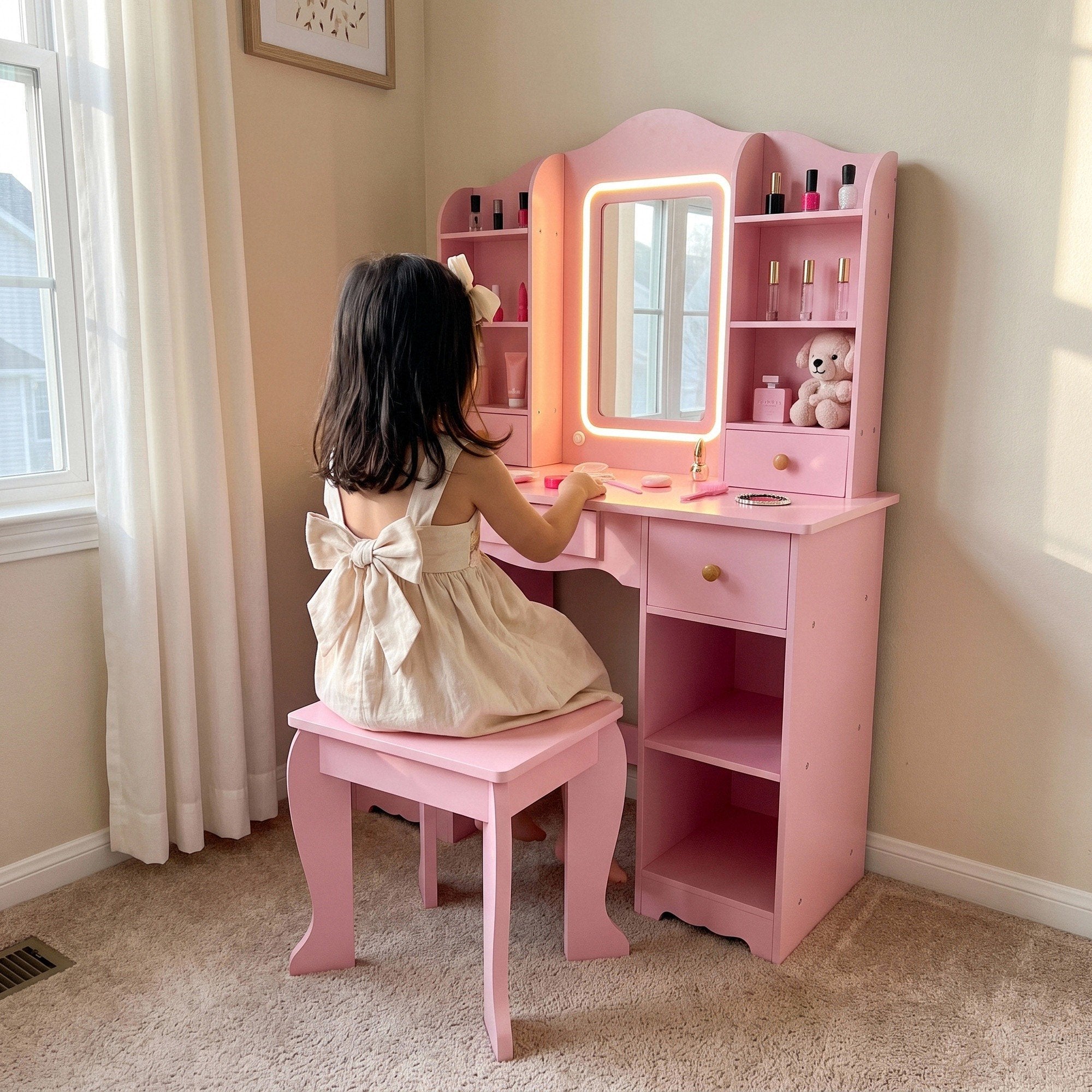 TLSUNNY Kids Vanity and Stool Set with Mirror & Adjustable Lights, Wooden Pretend Play Makeup Desk, Use for Study Desk