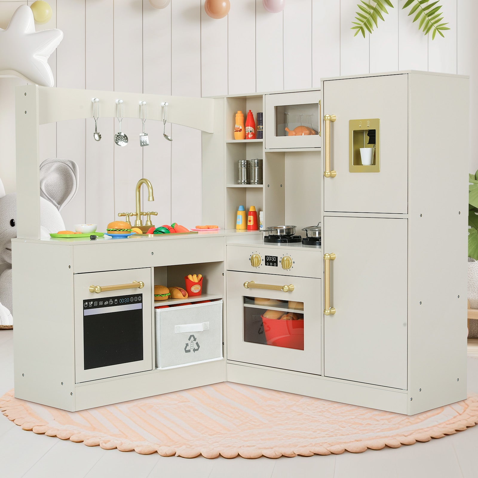 TLSUNNY Corner Play Kitchen with Lights & Sounds, Sink, Fridge, Microwave & Storage, Wooden Toddler Toy for Ages 3+