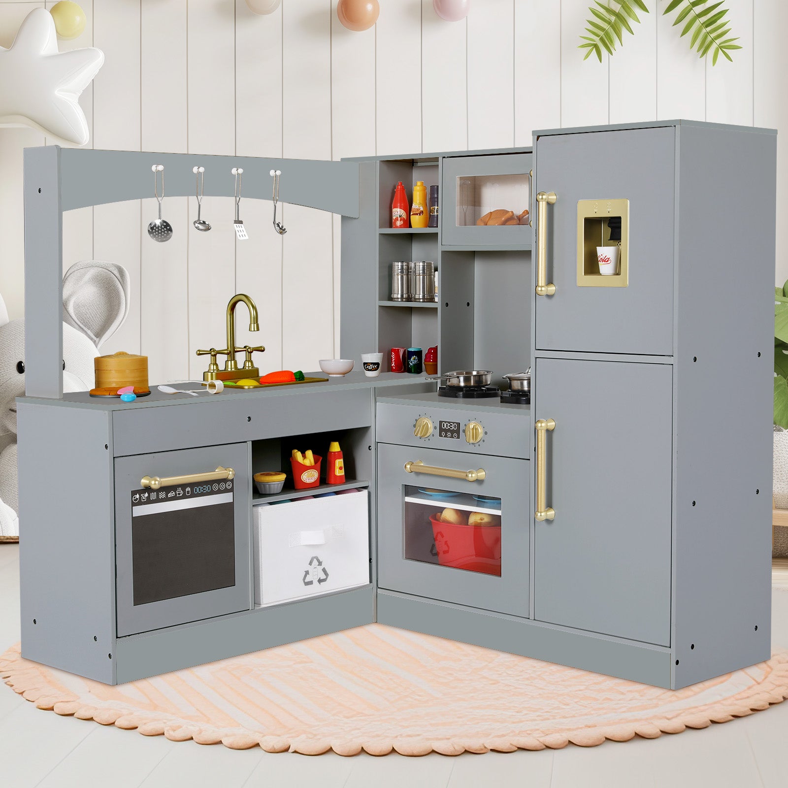 TLSUNNY Corner Play Kitchen with Lights & Sounds, Sink, Fridge, Microwave & Storage, Wooden Toddler Toy for Ages 3+