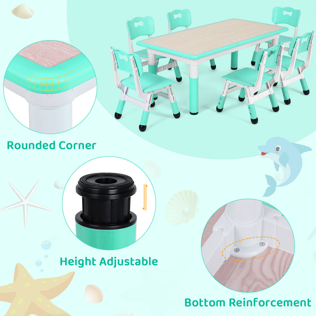 TLSUNNY Kids Table and 6 Chairs Set, Height Adjustable, Preschool Activity Table with Graffiti Top for Daycare Classroom, Ages 3-12