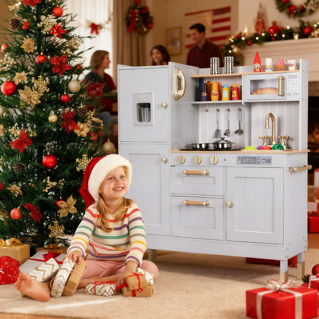 TLSUNNY Kids Play Kitchen, Wooden Kitchen Playset w/ Realistic Light & Sound and Cooking Accessories