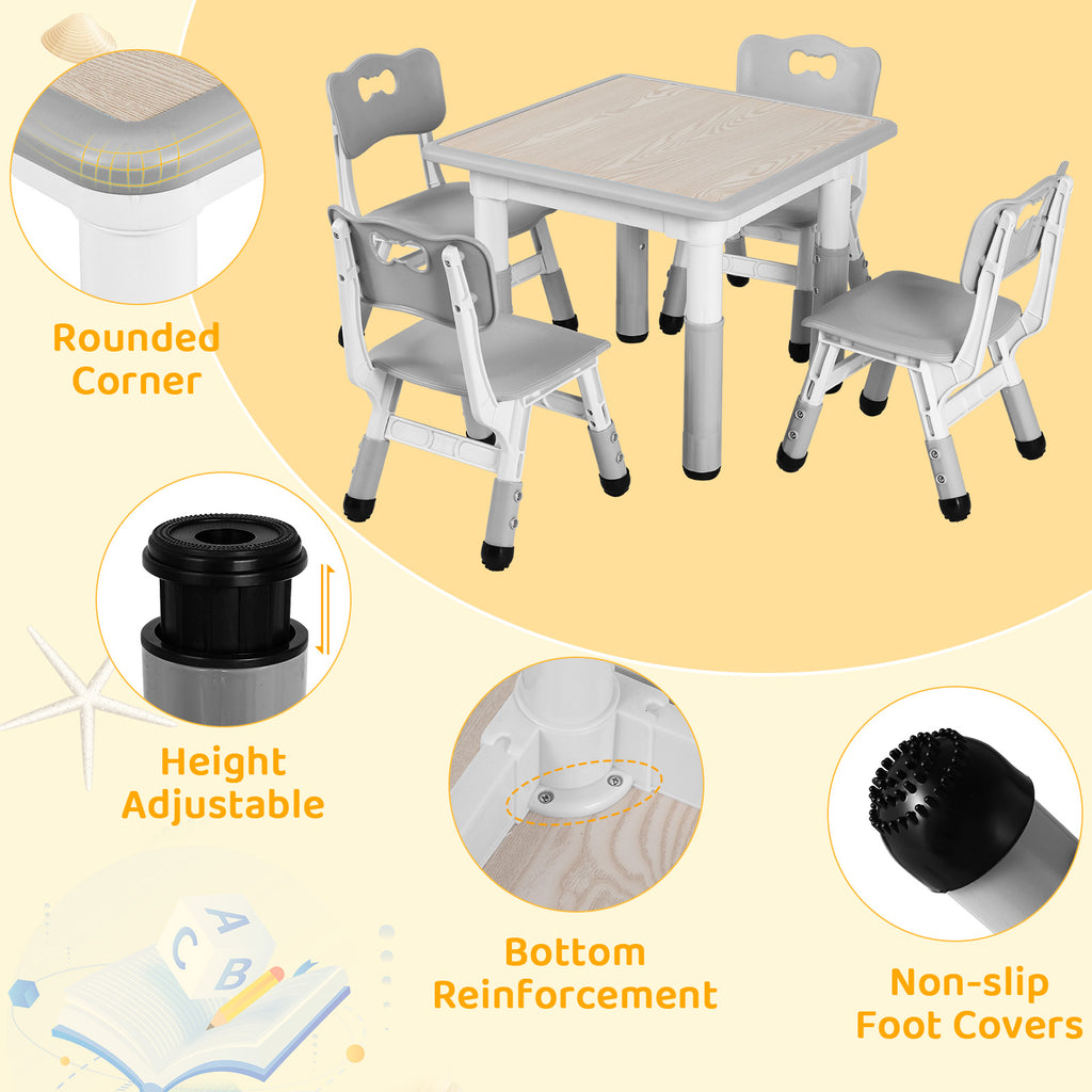TLSUNNY Kids Table & 4 Chairs Set, Height Adjustable Children Activity Table Set for Ages 2-10, Gray