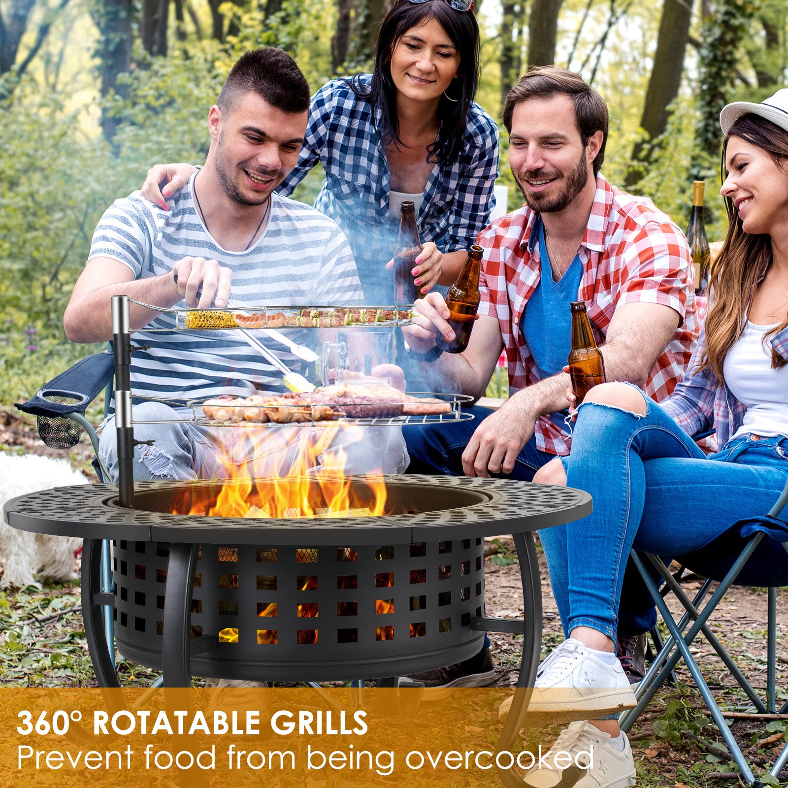 TLSUNNY 37" Outdoor Round Fire Pit & BBQ Grills, Wood Burning Fire Pit, w/ Swivel Cooking Grates, Lid and Fire Poker for Garden & Camping