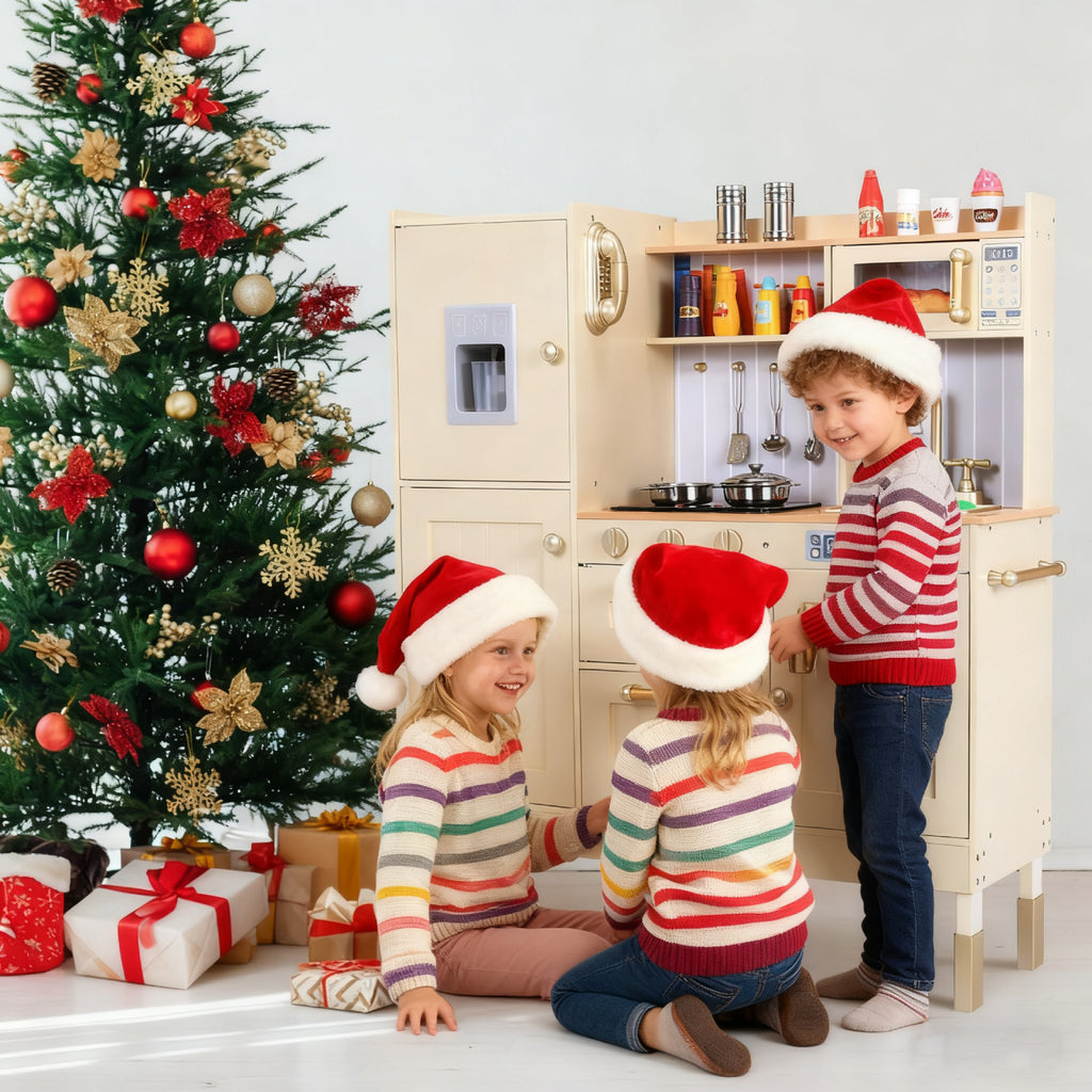 TLSUNNY Kids Play Kitchen, Wooden Kitchen Playset w/ Realistic Light & Sound and Cooking Accessories
