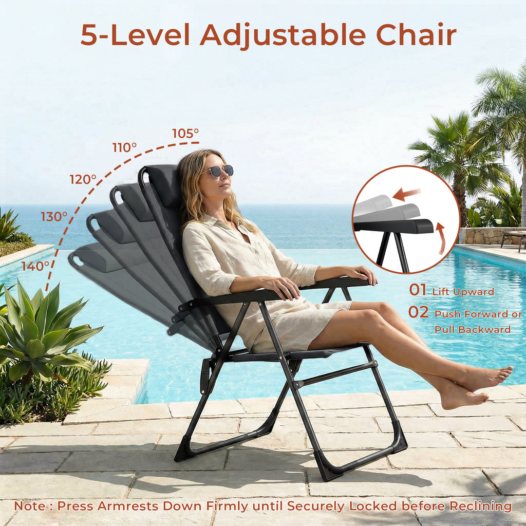 TLSUNNY Folding Patio Chairs Set of 2, Outdoor Portable Recliner W/ Adjustable Back, Removable Headrest, Armrest, Foot Pad, for Camping/Garden/Pool