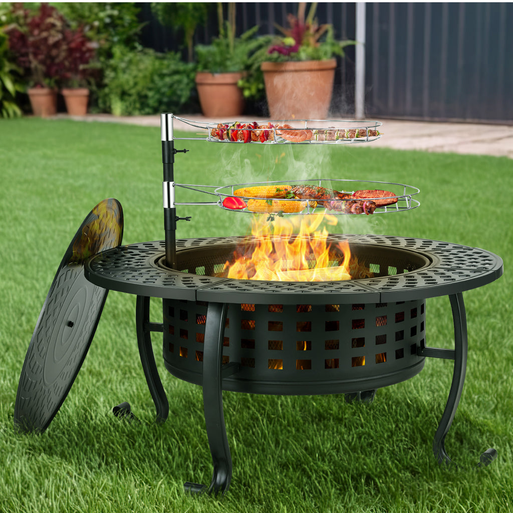 TLSUNNY 37" Outdoor Round Fire Pit & BBQ Grills, Wood Burning Fire Pit, w/ Swivel Cooking Grates, Lid and Fire Poker for Garden & Camping