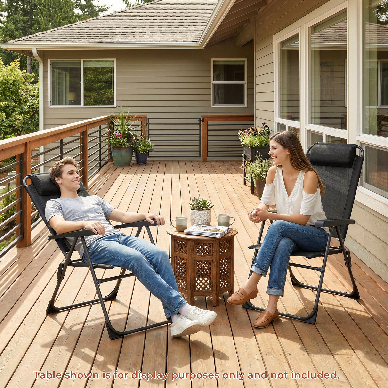 TLSUNNY Folding Patio Chairs Set of 2, Outdoor Portable Recliner W/ Adjustable Back, Removable Headrest, Armrest, Foot Pad, for Camping/Garden/Pool