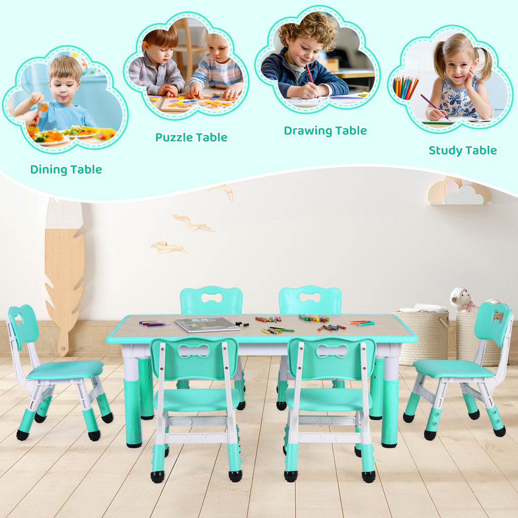 TLSUNNY Kids Table and 6 Chairs Set, Height Adjustable, Preschool Activity Table with Graffiti Top for Daycare Classroom, Ages 3-12