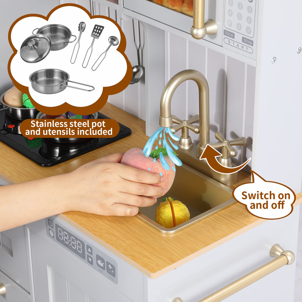 TLSUNNY Kids Play Kitchen, Wooden Kitchen Playset w/ Realistic Light & Sound and Cooking Accessories