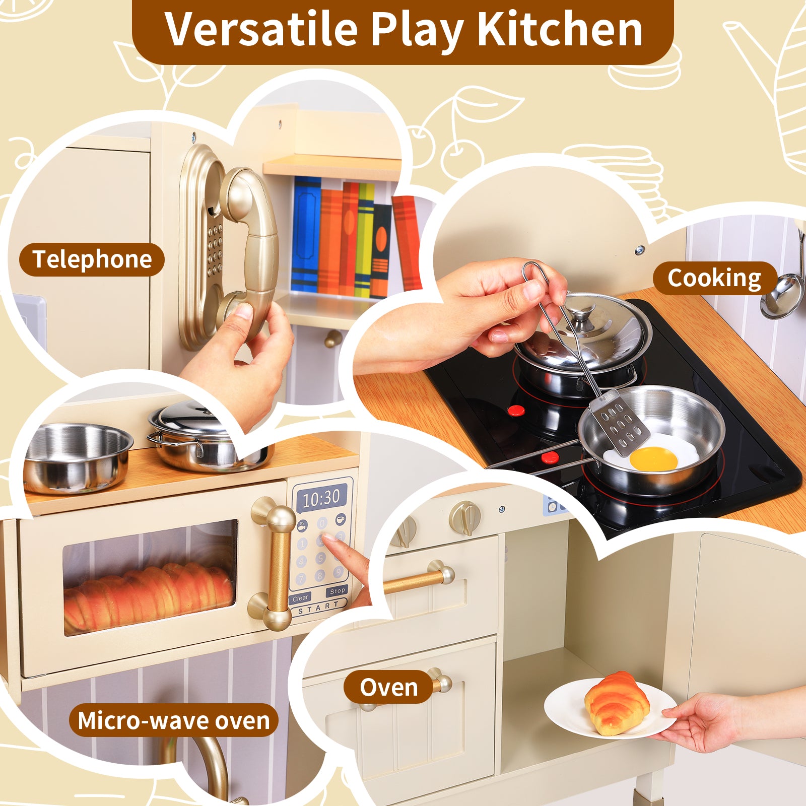 TLSUNNY Kids Play Kitchen, Wooden Kitchen Playset w/ Realistic Light & Sound and Cooking Accessories