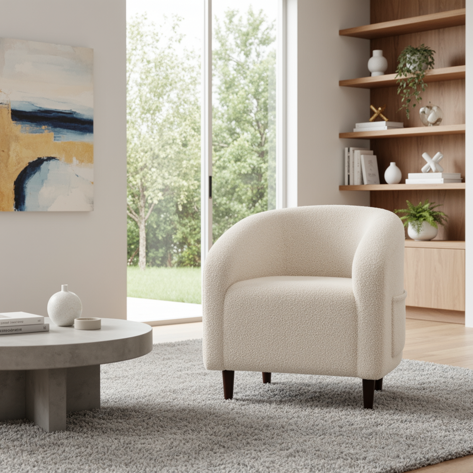 TLSUNNY Upholstered Club Chair Accent Barrel Chair, Teddy Fabric Upholstered Armchair with Side Pocket for Living Room/Bedroom
