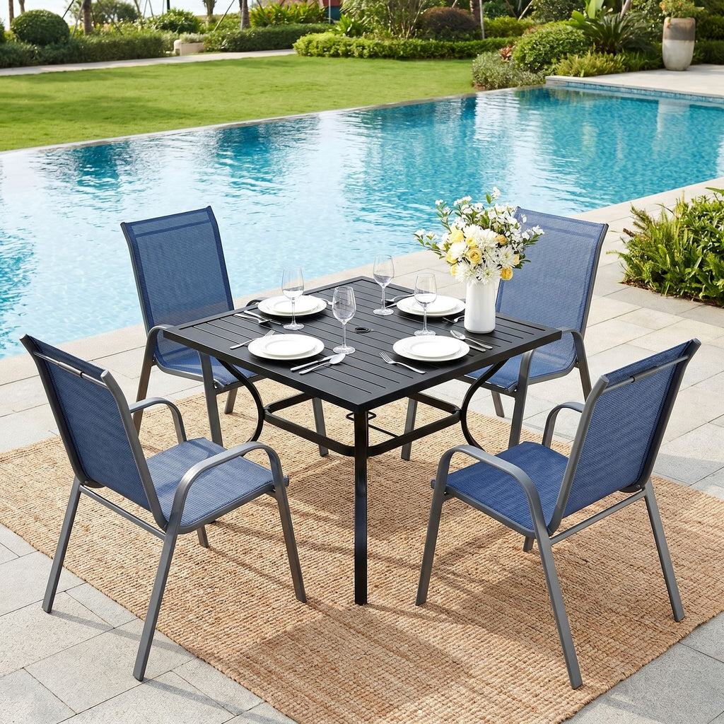 TLSUNNY 5-Piece Outdoor Patio Dining Set, W/ Metal Iron Square Table & Textilene Chairs for 4-Person