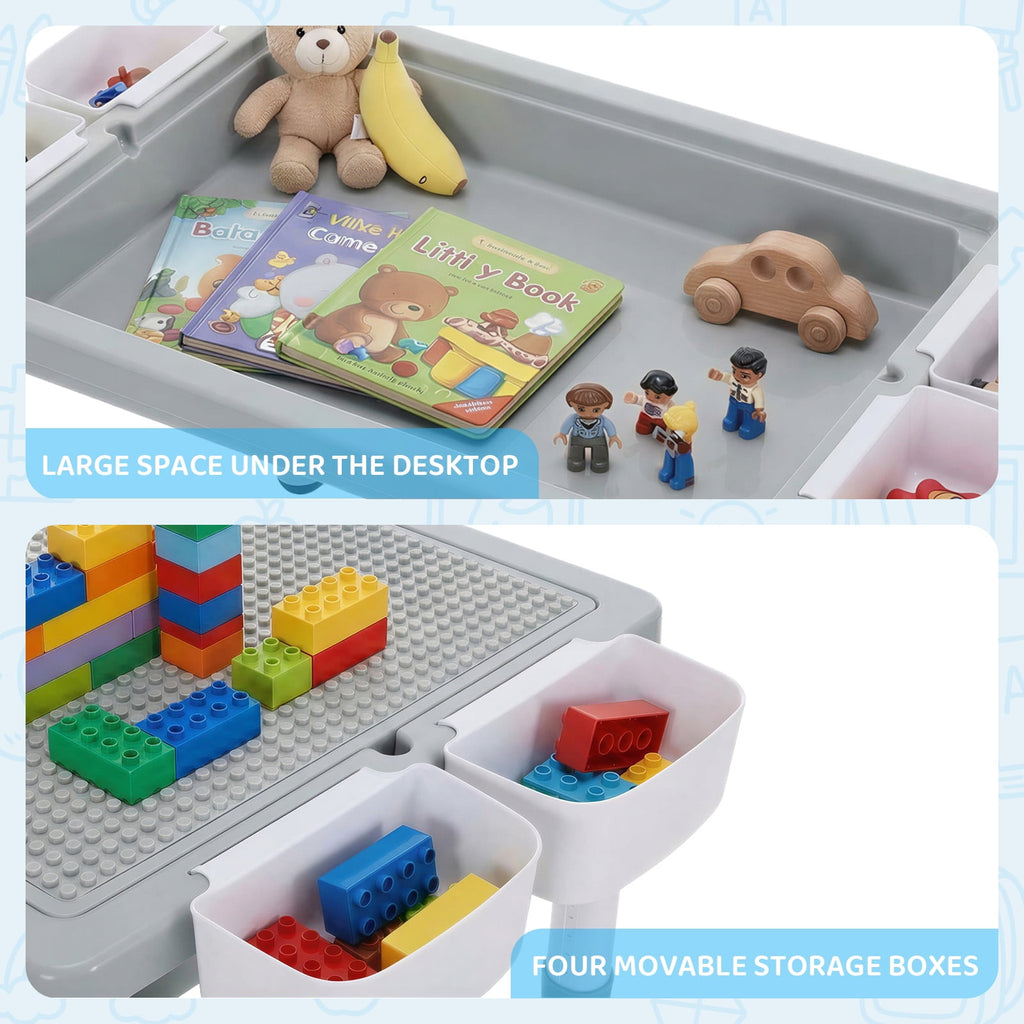 TLSUNNY Toddler Table and 2 Chairs Set, W/ Large Storage & Double-Sided Graffiti/Block Building Table Top, 4 Drawers, Height Adjustable