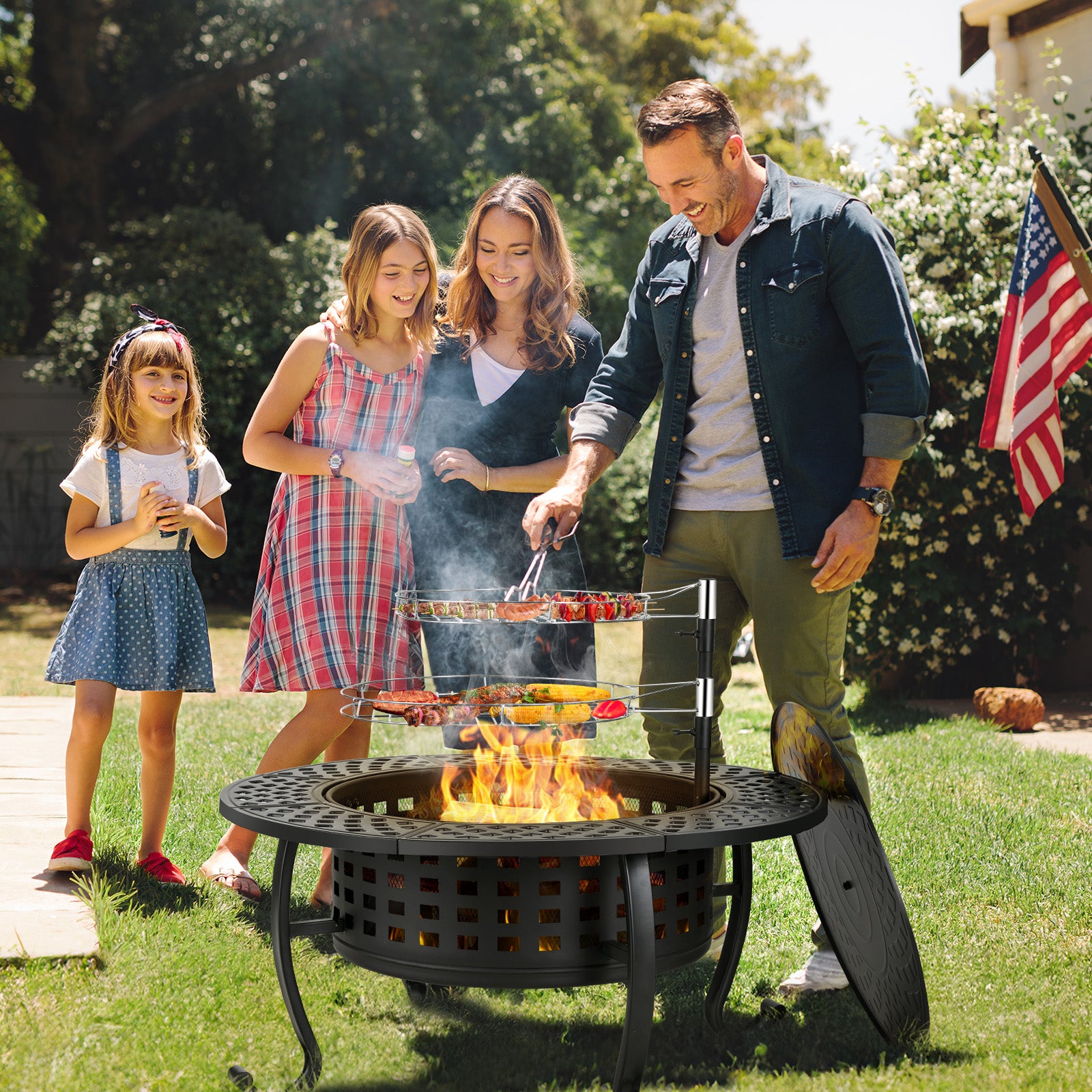 TLSUNNY 37" Outdoor Round Fire Pit & BBQ Grills, Wood Burning Fire Pit, w/ Swivel Cooking Grates, Lid and Fire Poker for Garden & Camping