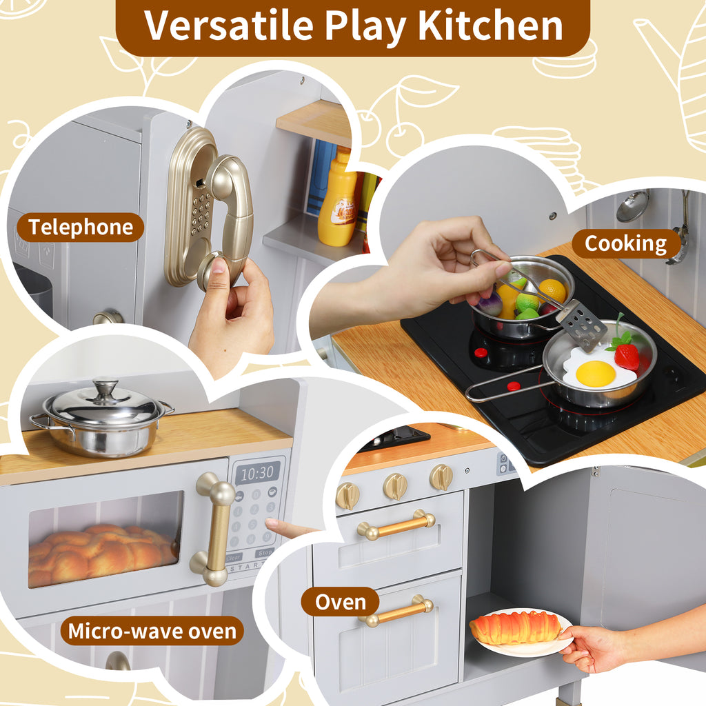 TLSUNNY Kids Play Kitchen, Wooden Kitchen Playset w/ Realistic Light & Sound and Cooking Accessories