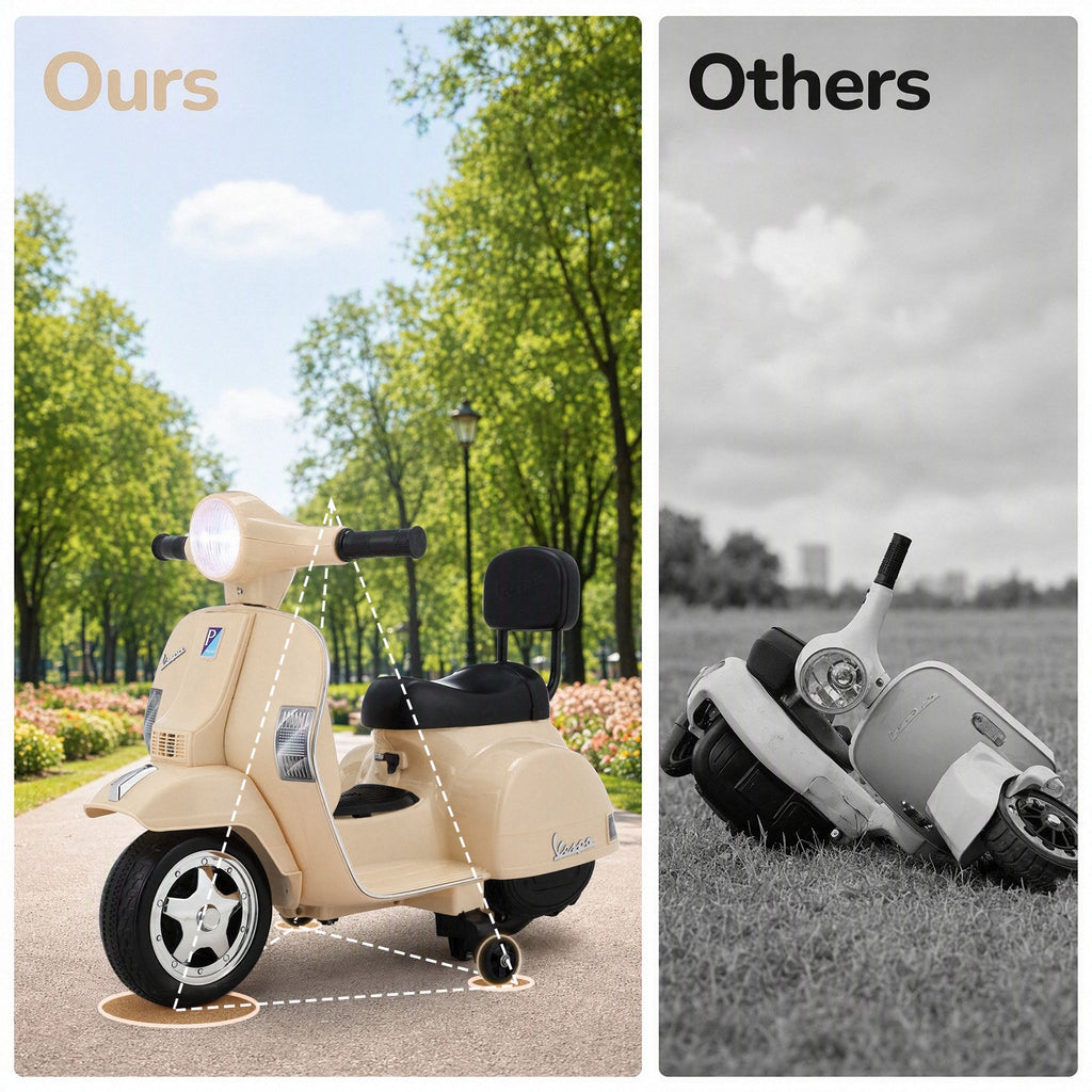 TLSUNNY Kids Licensed Vespa PX150 Electric Motorcycle, 6V Ride On Scooter W/ Training Wheels, Stable 4-Wheel Structure, Ideal Moped for Ages 3+