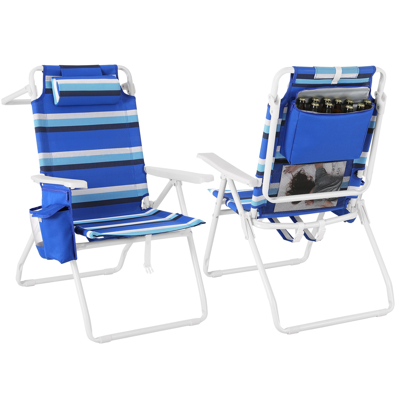 TLSUNNY Backpack Beach Chair Set of 1/2, Outdoor 5-Level Adjustable Folding Chair, w/ Cup Holder, Headrest, Storage Bag, Cooler Pouch, for Camping