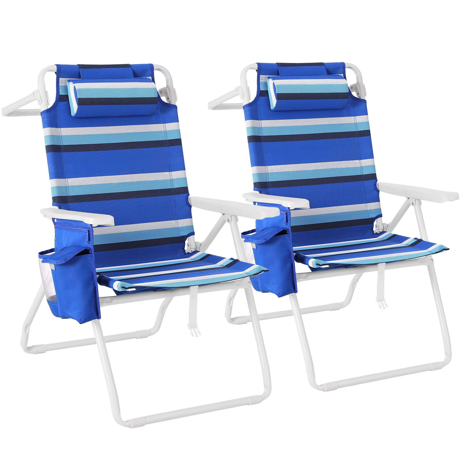 TLSUNNY Backpack Beach Chair Set of 1/2, Outdoor 5-Level Adjustable Folding Chair, w/ Cup Holder, Headrest, Storage Bag, Cooler Pouch, for Camping