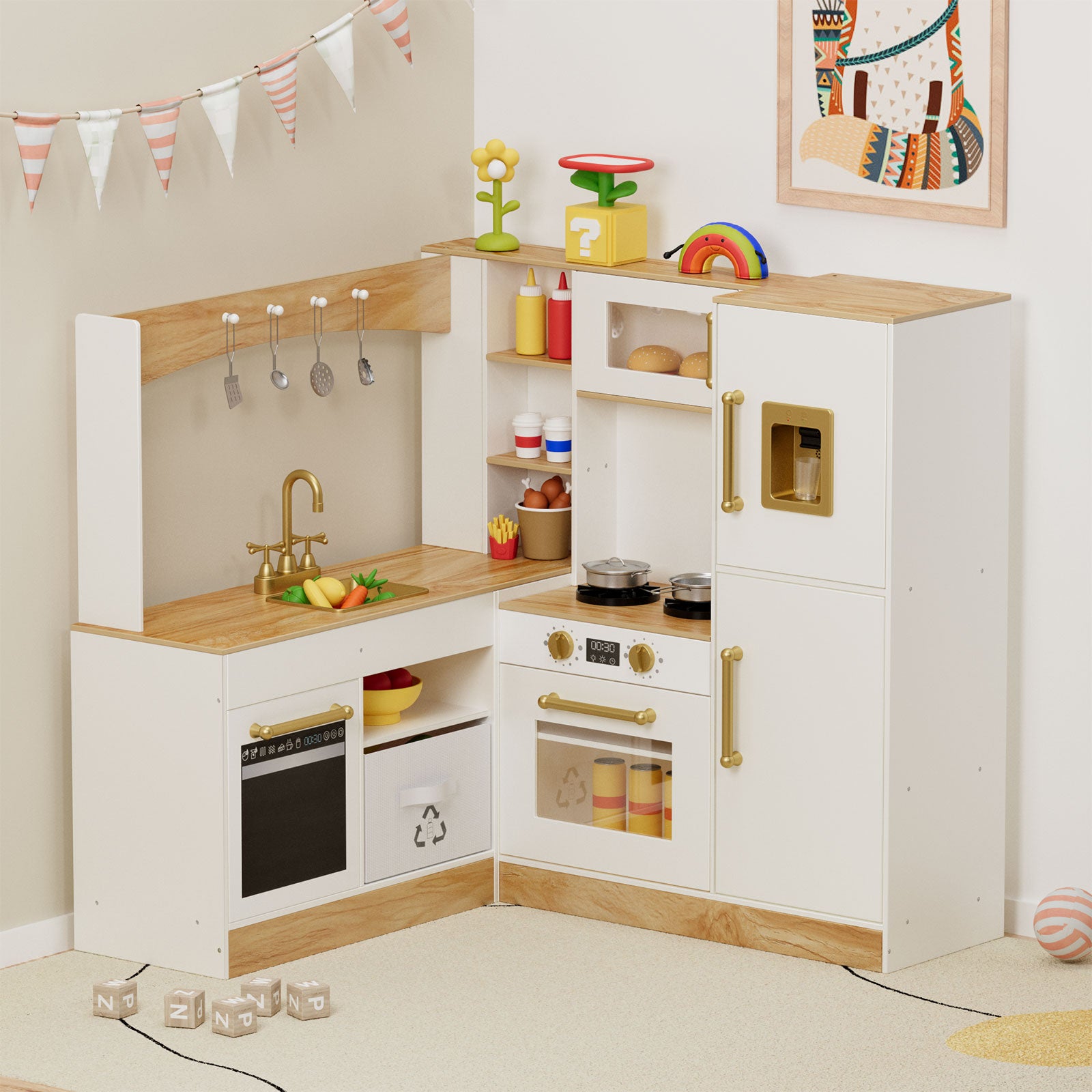 TLSUNNY Corner Play Kitchen with Lights & Sounds, Sink, Fridge, Microwave & Storage, Wooden Toddler Toy for Ages 3+