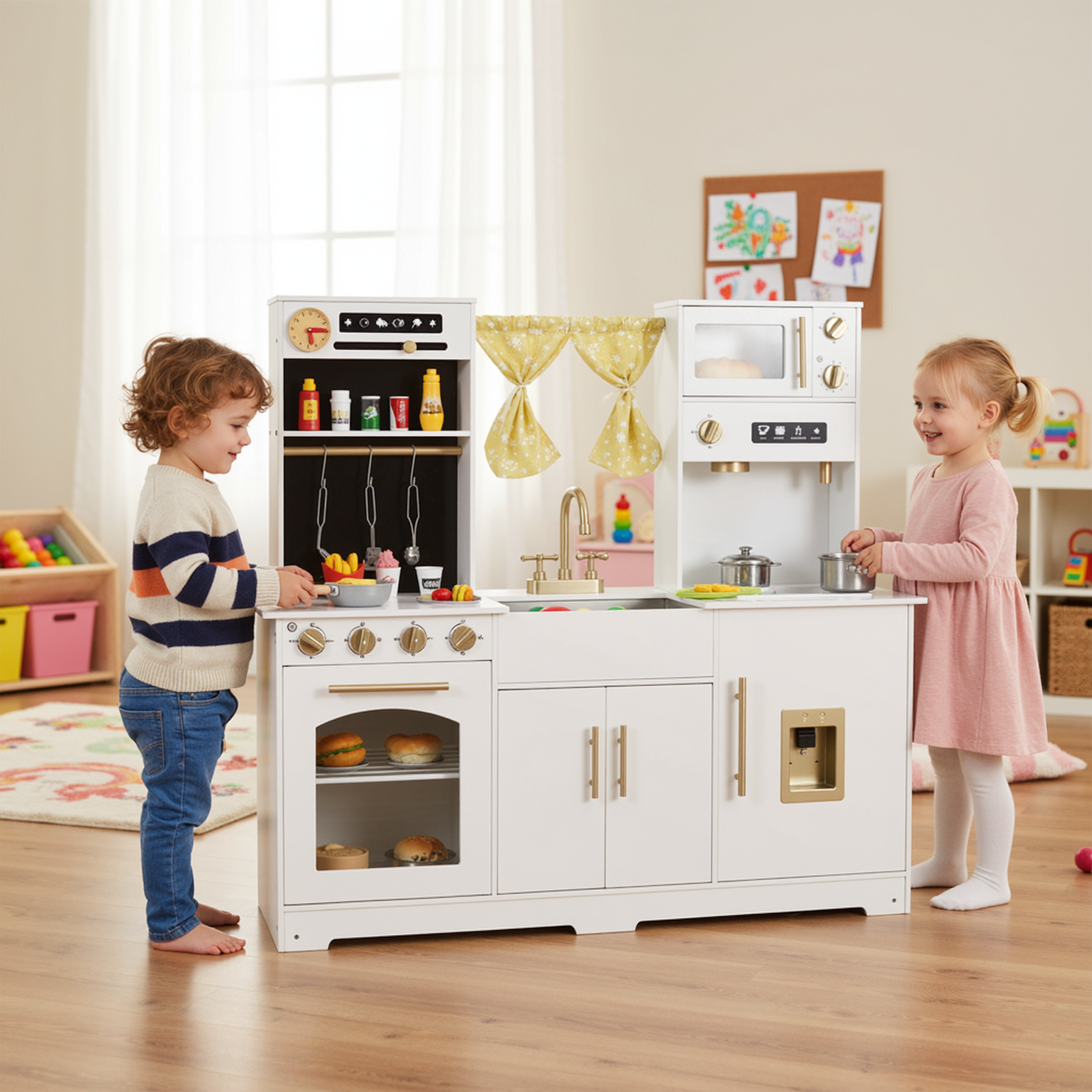 TLSUNNY Kids Play Kitchen with Realistic Lights & Sounds, Wooden Toy Pretend Play Kitchen Set w/ Sink, Faucet, Microwave, Curtain for Ages 3+