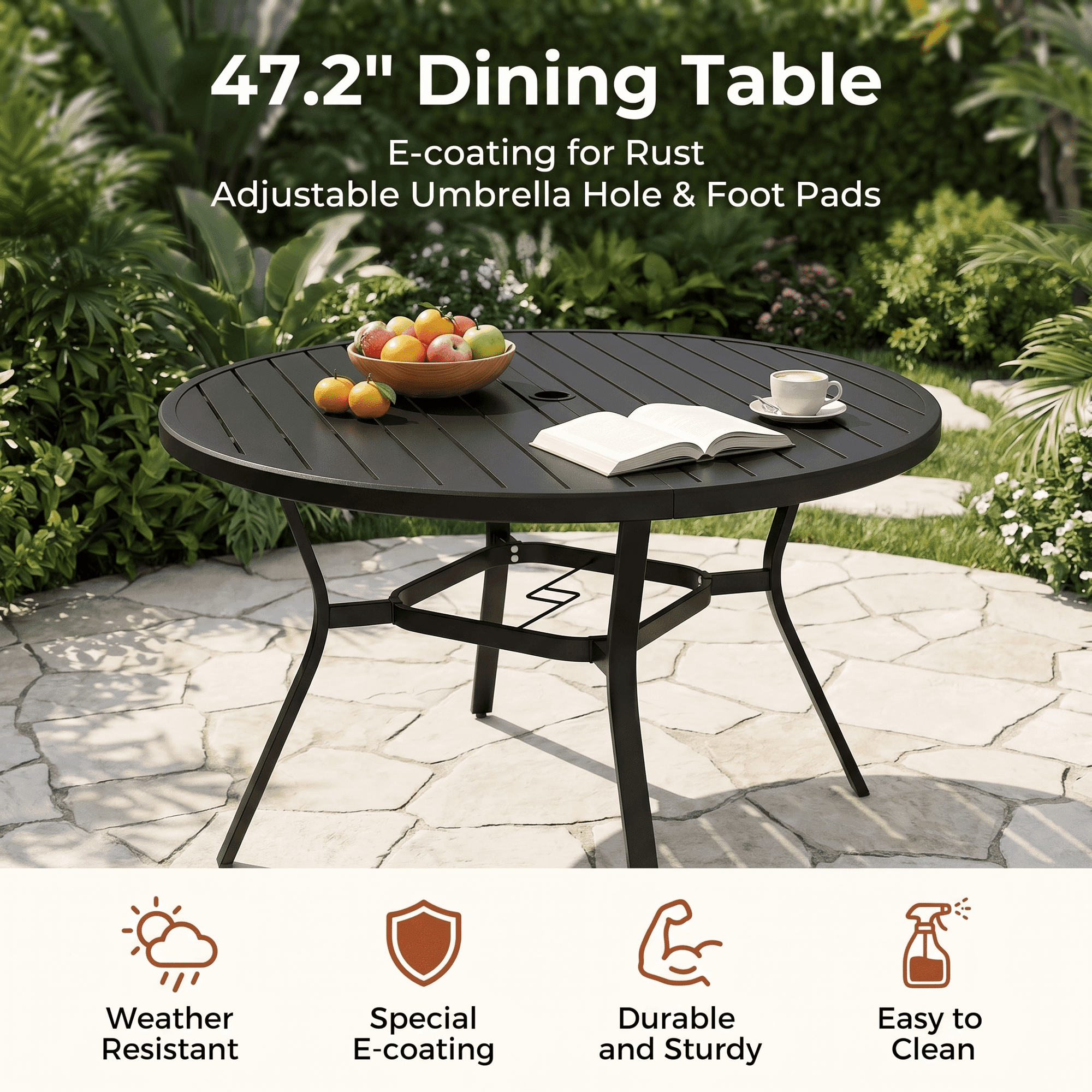 TLSUNNY 5-Piece Outdoor Dining Set for 4, 47.2" Round Black Metal Table W/ Umbrella Hole & 4 Iron Swivel Chairs, Patio Dining Furniture, for Patio, Deck, Porch (Umbrella Not Included)