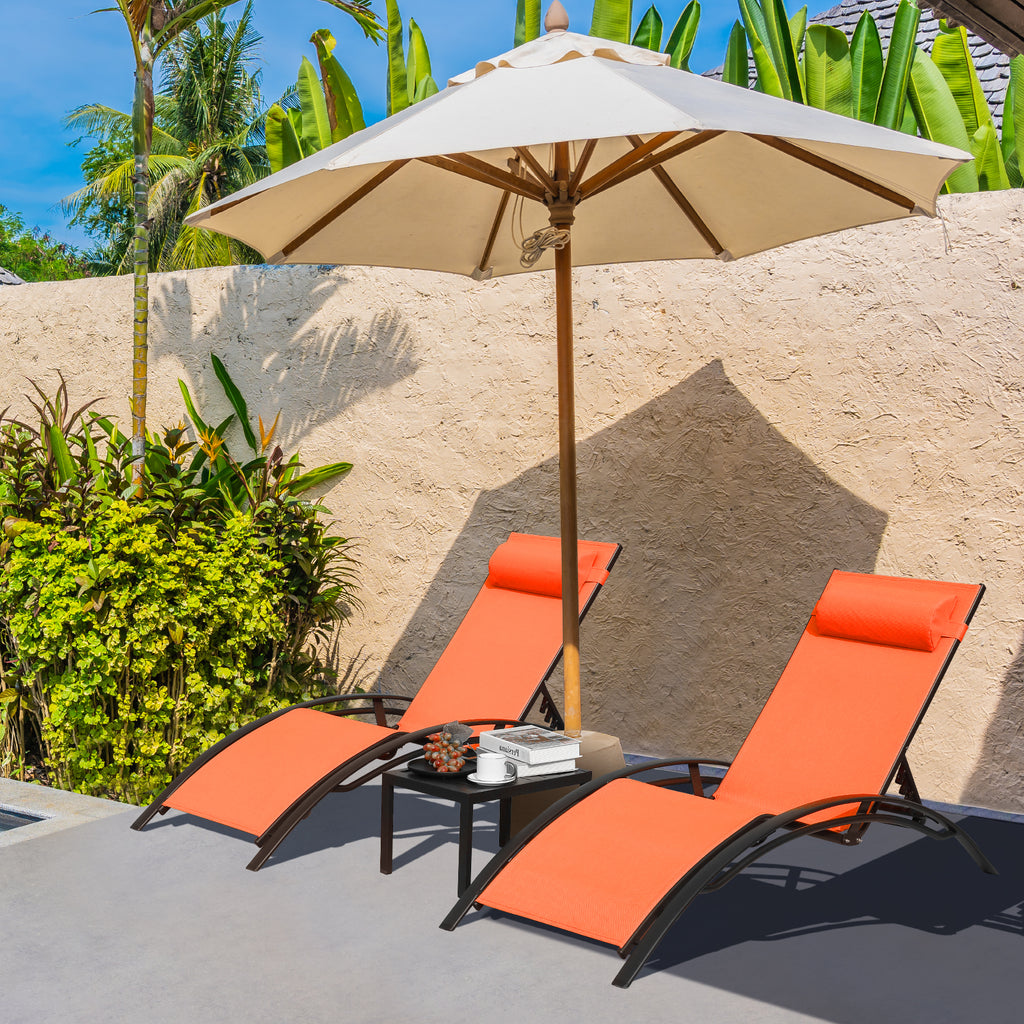 TLSUNNY Outdoor Lounge Set of 3, Aluminum Frame 2 Recliner Chairs & 1 Side Table with Adjustable Backrest and Removable Headrest, for Backyard, Pool, Patio Tanning