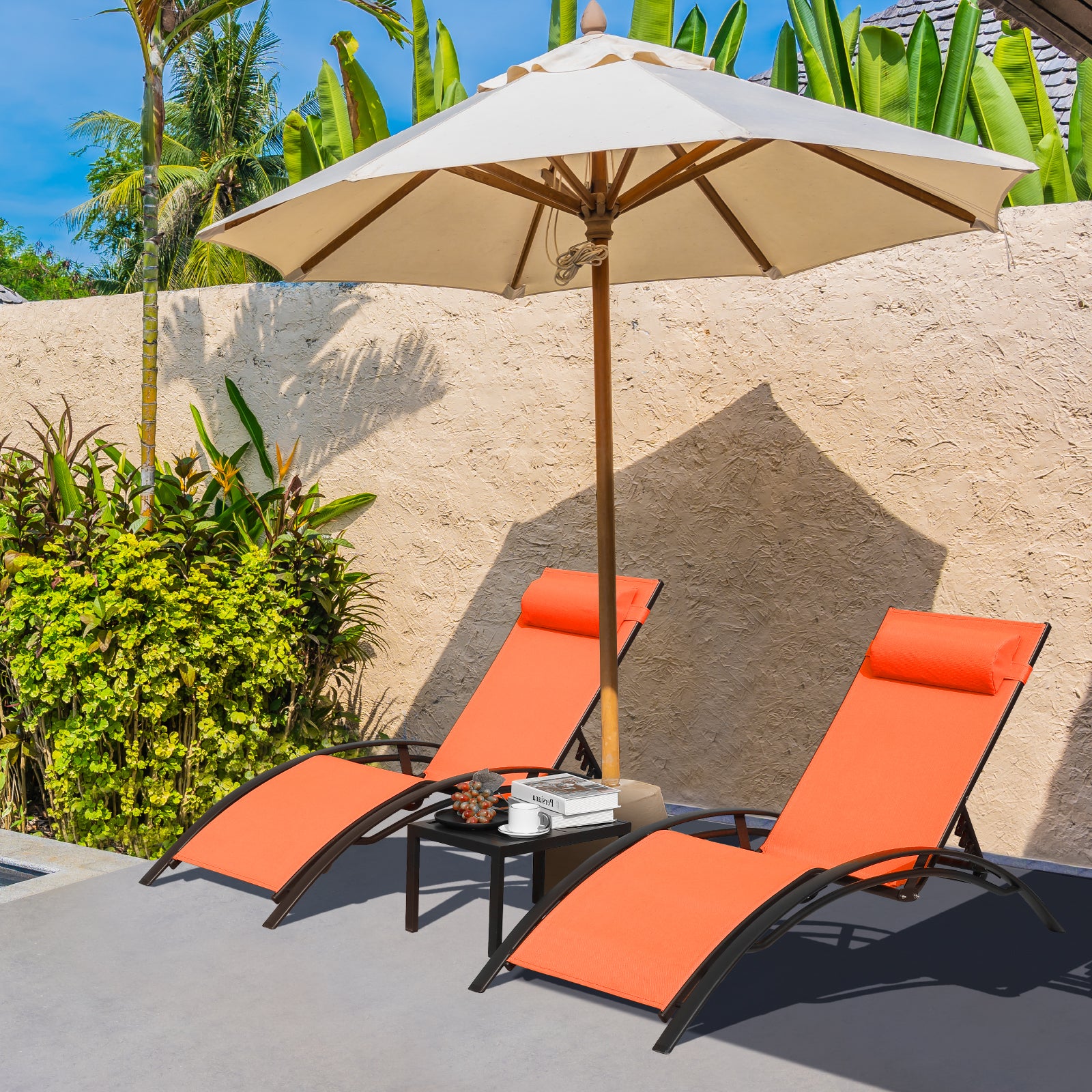 TLSUNNY Outdoor Lounge Set of 3, Aluminum Frame 2 Recliner Chairs & 1 Side Table with Adjustable Backrest and Removable Headrest, for Backyard, Pool, Patio Tanning