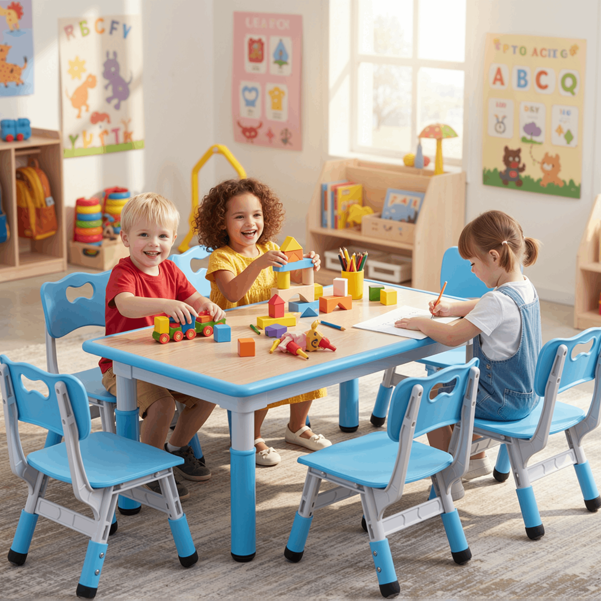 TLSUNNY Kids Table and 6 Chairs Set, Height Adjustable, Preschool Activity Table with Graffiti Top for Daycare Classroom, Ages 3-12