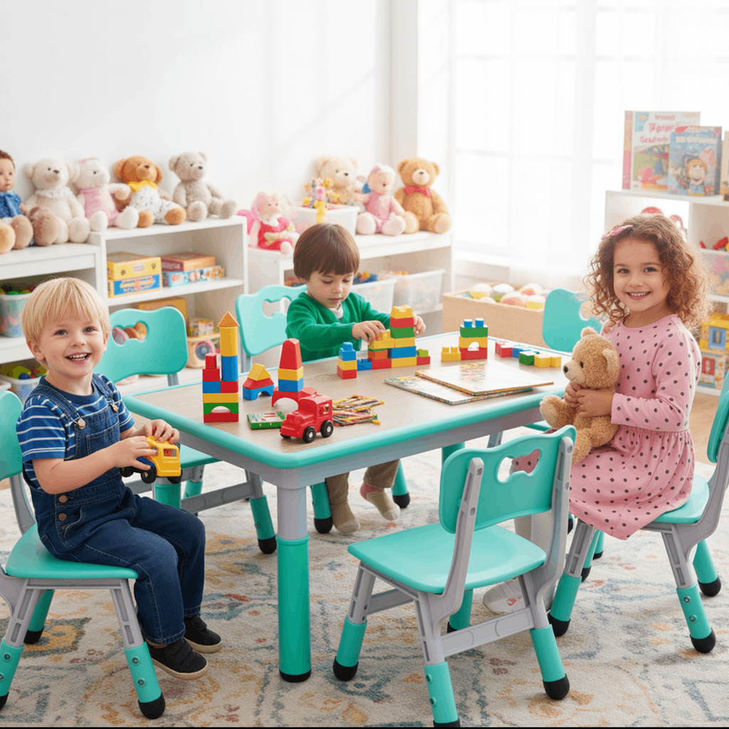 TLSUNNY Kids Table and 6 Chairs Set, Height Adjustable, Preschool Activity Table with Graffiti Top for Daycare Classroom, Ages 3-12