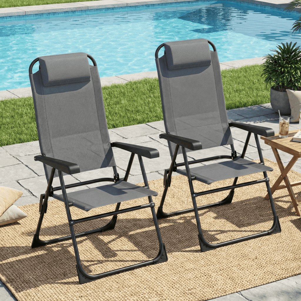 TLSUNNY Folding Patio Chairs Set of 2, Outdoor Portable Recliner W/ Adjustable Back, Removable Headrest, Armrest, Foot Pad, for Camping/Garden/Pool
