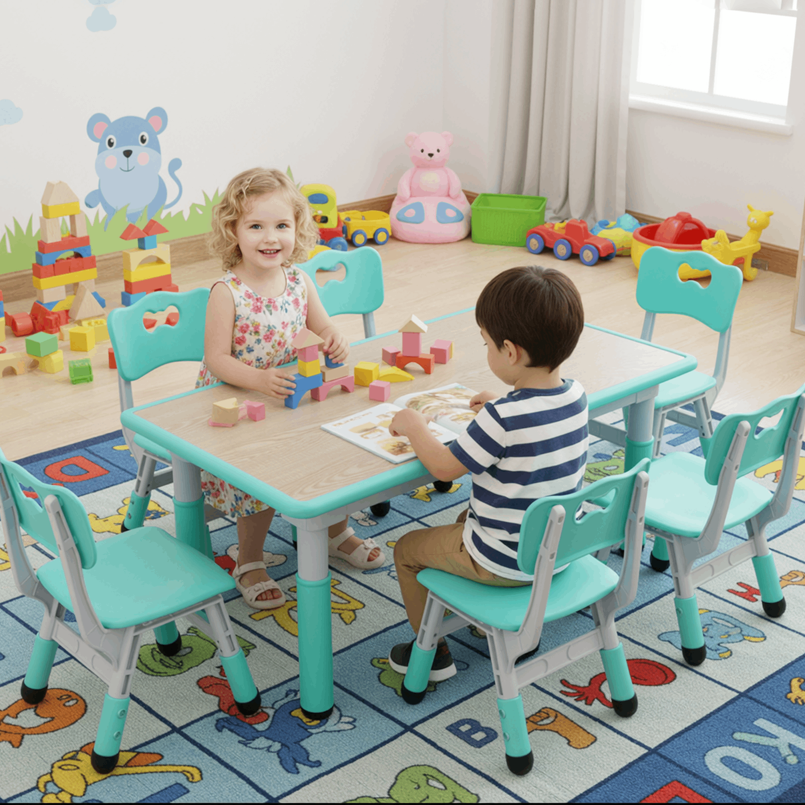 TLSUNNY Kids Table and 6 Chairs Set, Height Adjustable, Preschool Activity Table with Graffiti Top for Daycare Classroom, Ages 3-12