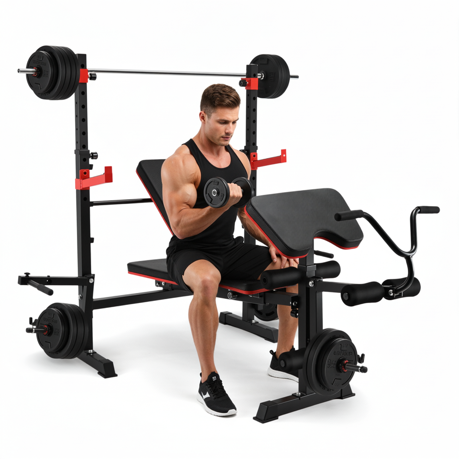TLSUNNY 900LBS Adjustable Weight Bench Set, w/ Barbell Rack, Leg Extension & Preacher Curl, Strength Training Equipment, for Home Gym Workouts