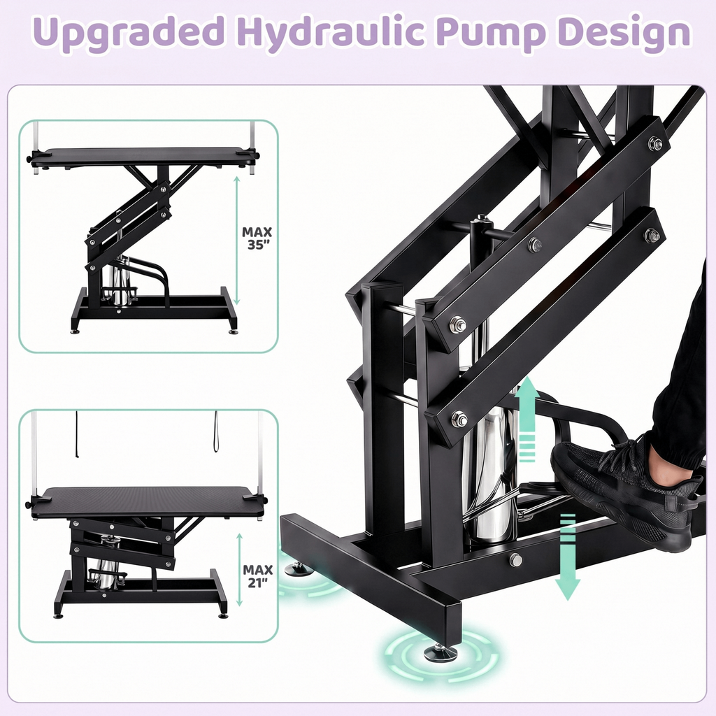 TLSUNNY 42.4'' Hydraulic Pet Dog Grooming Table for Dogs & Cats, 21"- 35" Height Adjustable Heavy Duty, Adjustable Overhead Arm & Noose, Non-Slip Top, 350 LBS