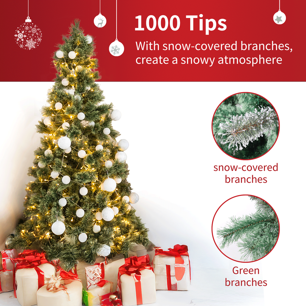 TLSUNNY 6/8/9ft Pre-lit Artificial Christmas Tree with 550 Branche Tips 250 LED Warm Lights, Fluffy Snow Flocked Pine Tree, Metal Stand Hinged Xmas Tree