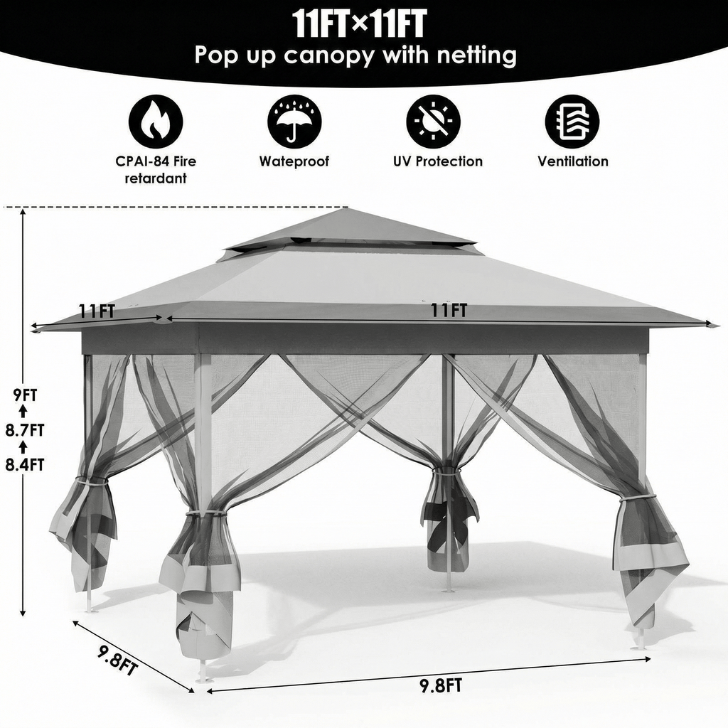TLSUNNY Pop up Gazebo, 11'x11'/13'x13' Outdoor Canopy Tent with Nettings, Instant Folding Shelter, for Patio, Garden, Backyard