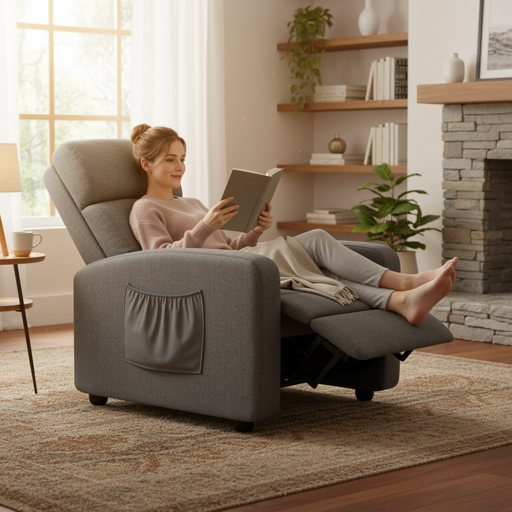 TLSUNNY Fabric Recliner Chair with Side Pocket, Thick Cushion Adjustable Lounger, Modern Home Theater Seating for Bedroom, Living Room