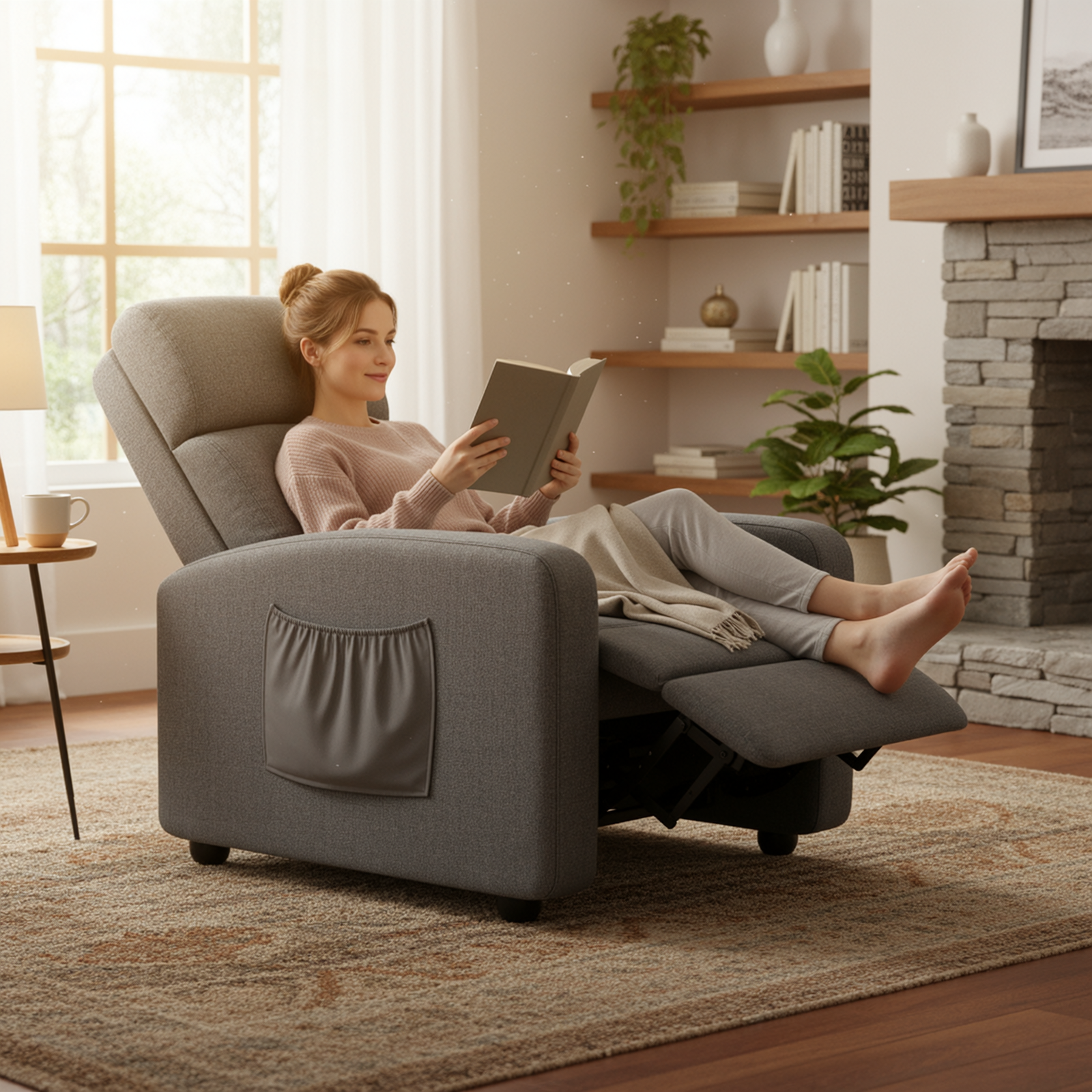 TLSUNNY Fabric Recliner Chair with Side Pocket, Thick Cushion Adjustable Lounger, Modern Home Theater Seating for Bedroom, Living Room