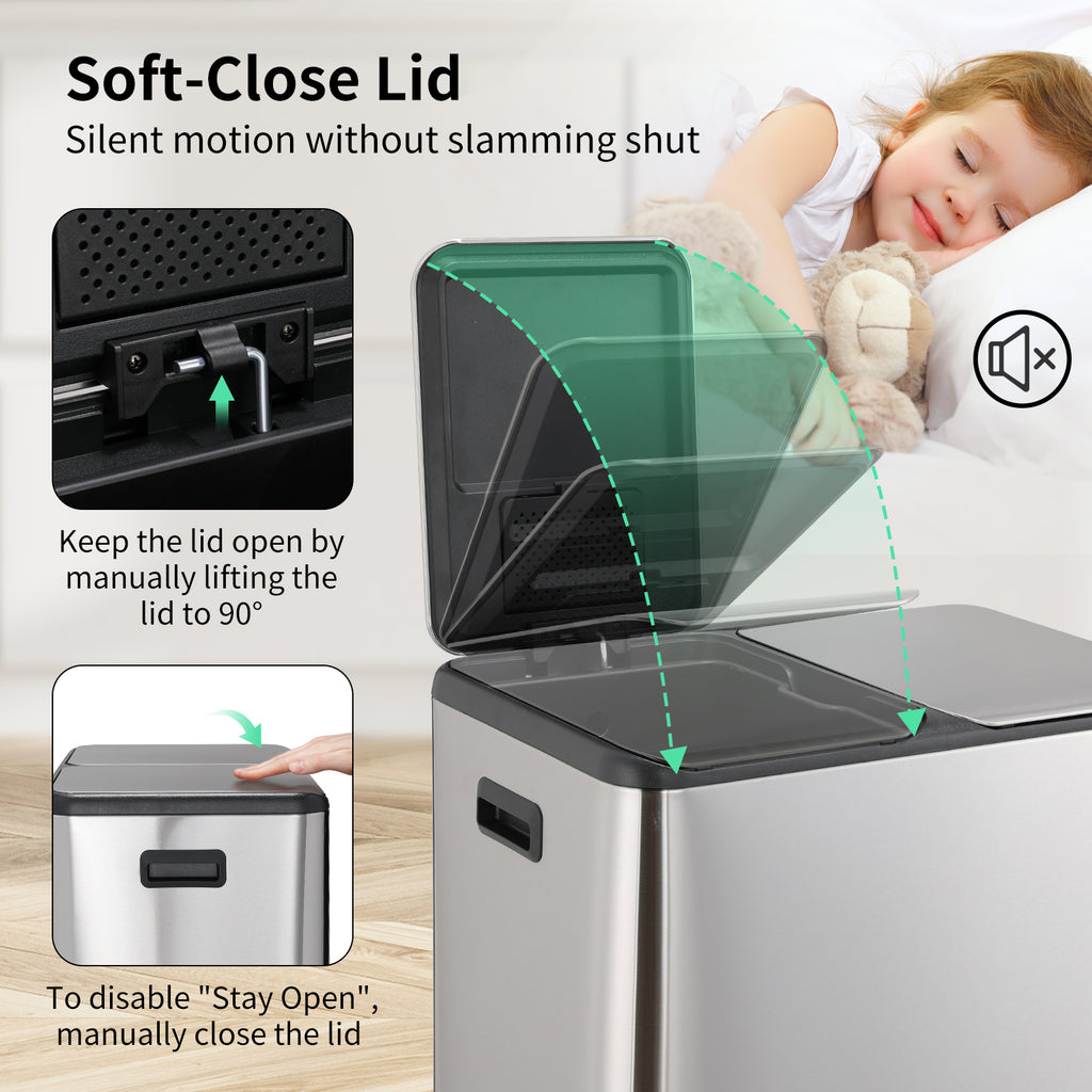 TLSUNNY 16 Gal / 60 L Dual Trash Can, Double Lid Step Bin w/ 2 Odor Control Box & Inner Buckets, for Living Room, Bathroom, Kitchen